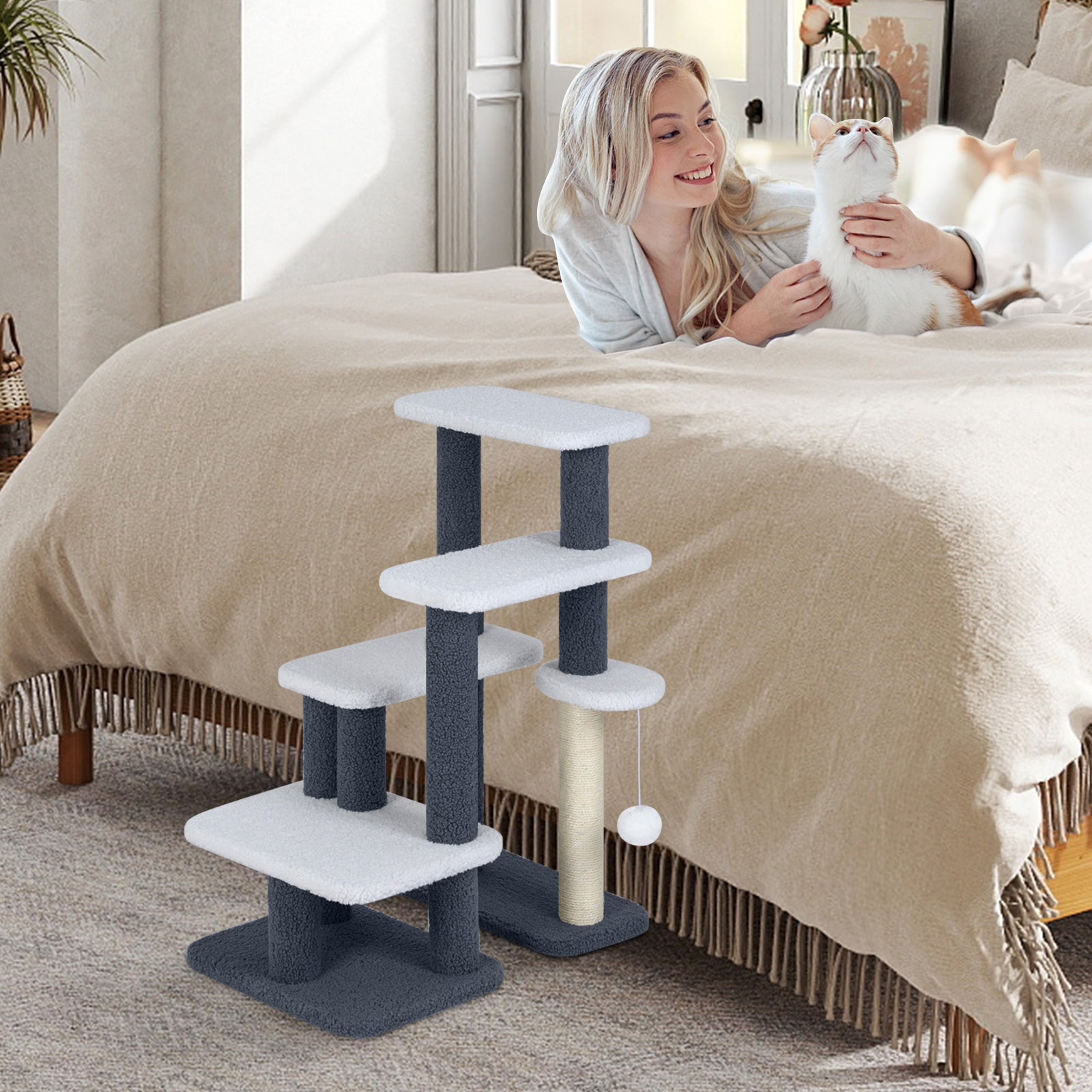 2-in-1 Cat Stairs Cat Tree Tower with Scratching Posts and Hanging Toy Ball-Gray - Majestic Pet Kingdom