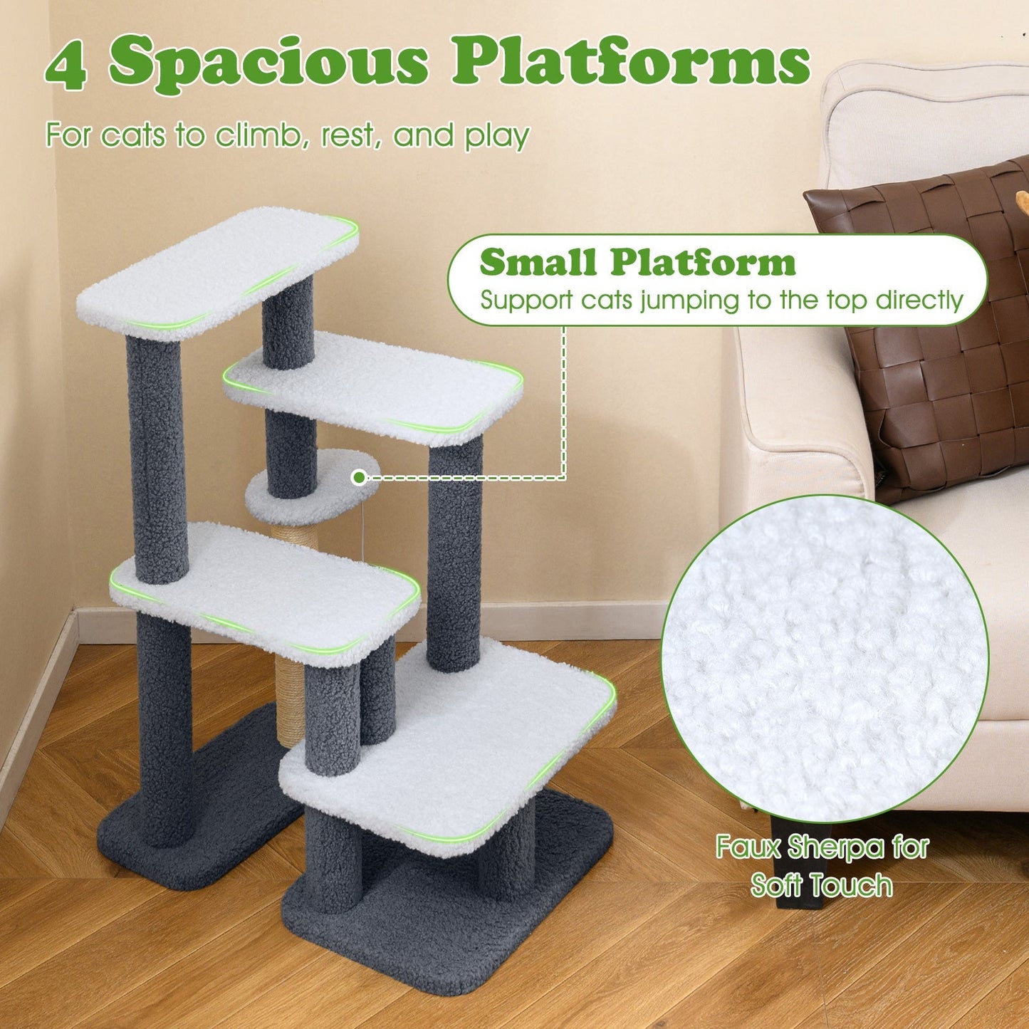 2-in-1 Cat Stairs Cat Tree Tower with Scratching Posts and Hanging Toy Ball-Gray - Majestic Pet Kingdom