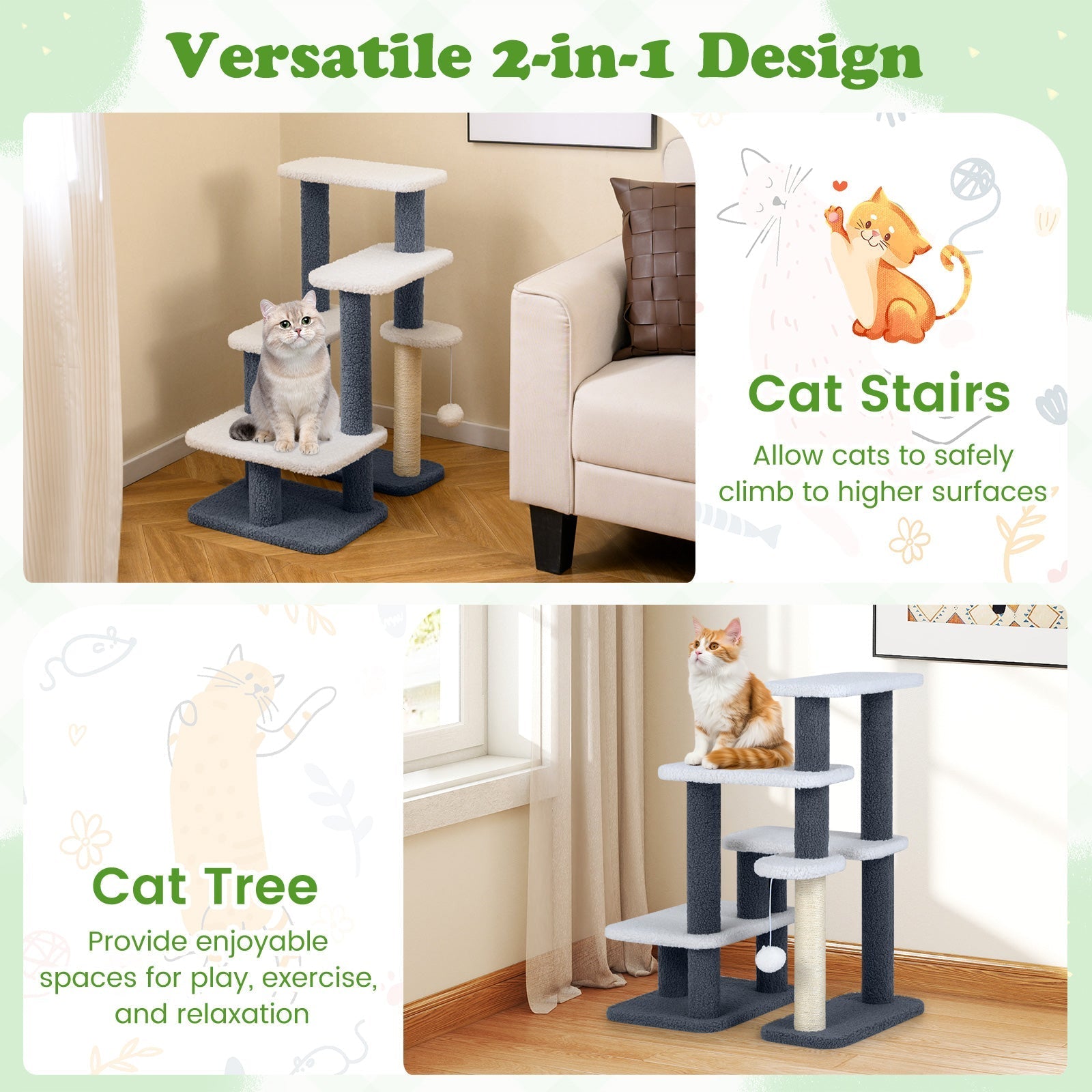 2-in-1 Cat Stairs Cat Tree Tower with Scratching Posts and Hanging Toy Ball-Gray - Majestic Pet Kingdom