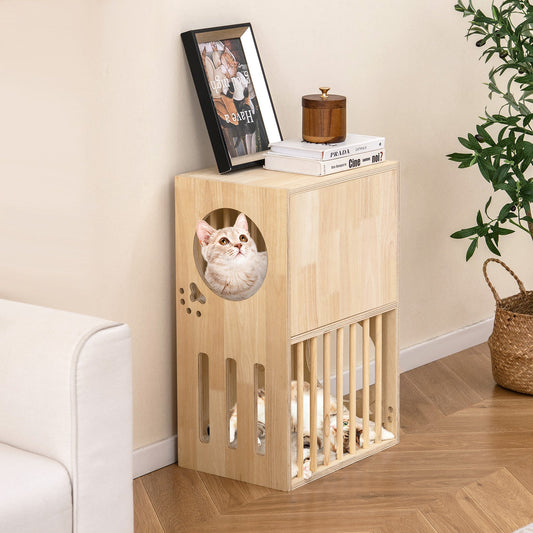 2-tier Wooden Cat Condo Indoor Symmetrical Cat House with Removable Cushions | Purrfect Pet Kingdom