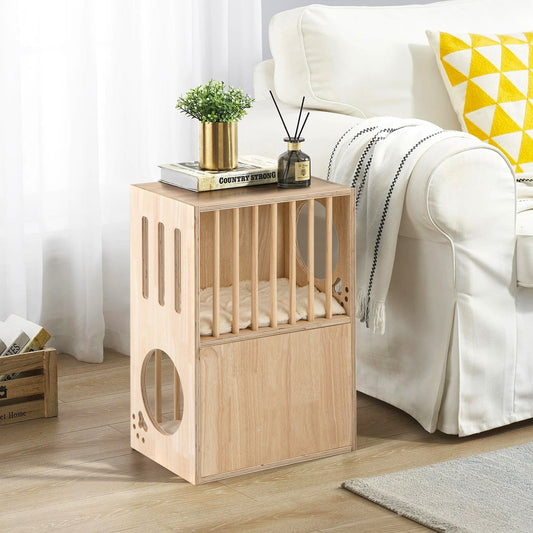 2-tier Wooden Cat Condo Indoor Symmetrical Cat House with Removable Cushions | Purrfect Pet Kingdom