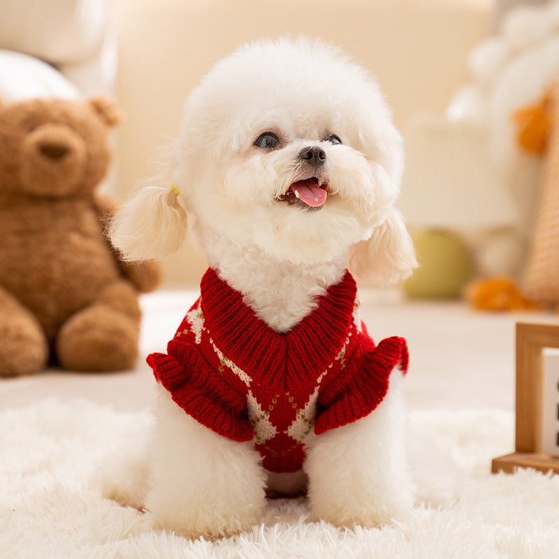 Thick And Warm Diamond-shaped Embroidered Cherry Small Flying Sleeve Sweaters For Dogs In Autumn And Winter, As Well As Pet Clothes For Small And Medium-sized Dogs And Cats