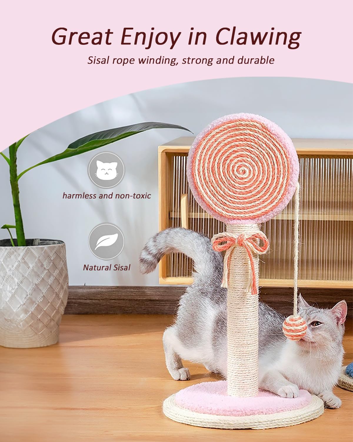 Cat Scratching Post Sisal Rope Tower with Hanging Ball Toy - Detail Angle 5 | Majestic Pet Kingdom
