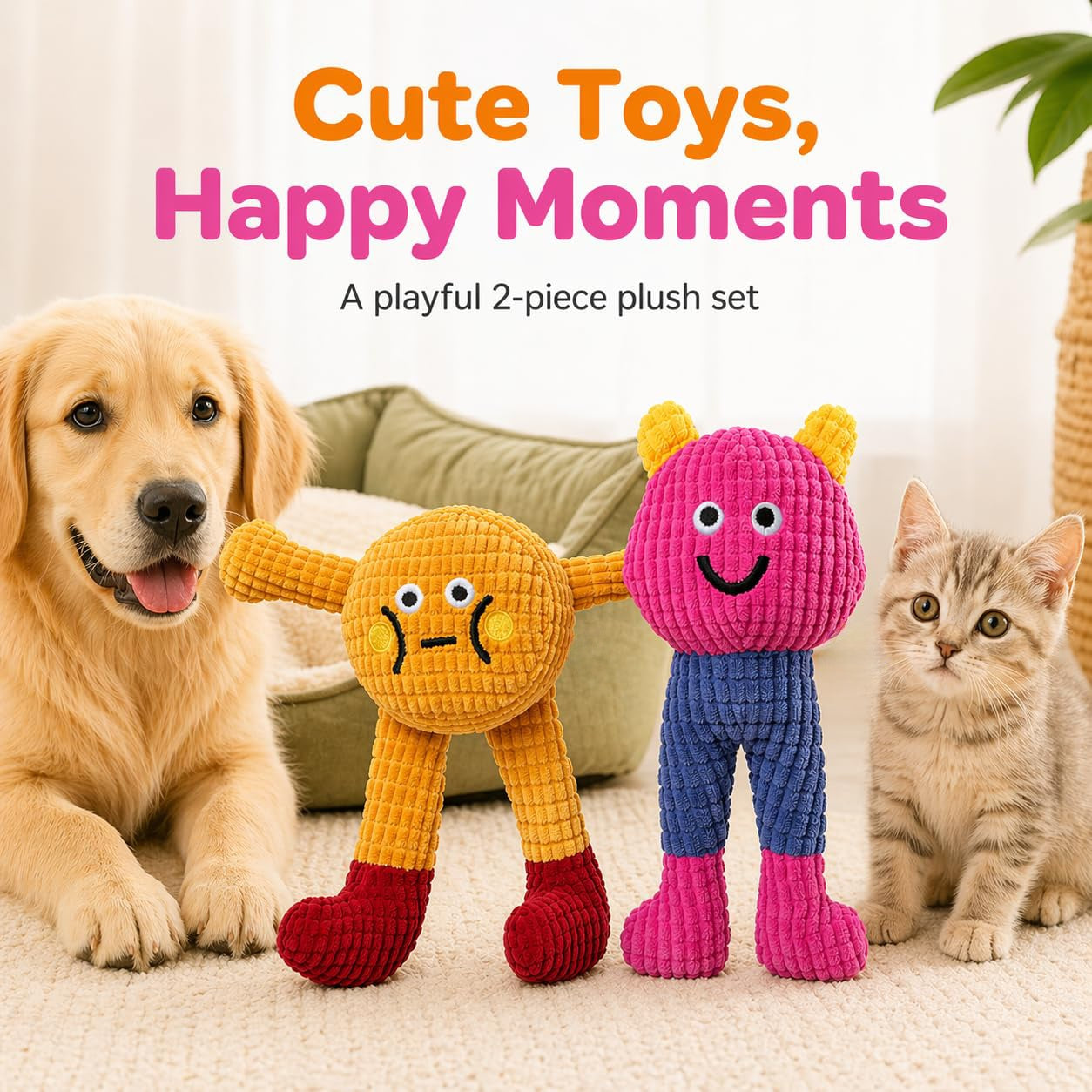 Cat&Dog Chew Toys With Catnip Inside, Ecofriendly Material Made, Crinkle Paper & Squeaky Ball Inside, Waffle And Baby Toy Combination Packaging, Cuddles Meow Chompclean, 2 Pack