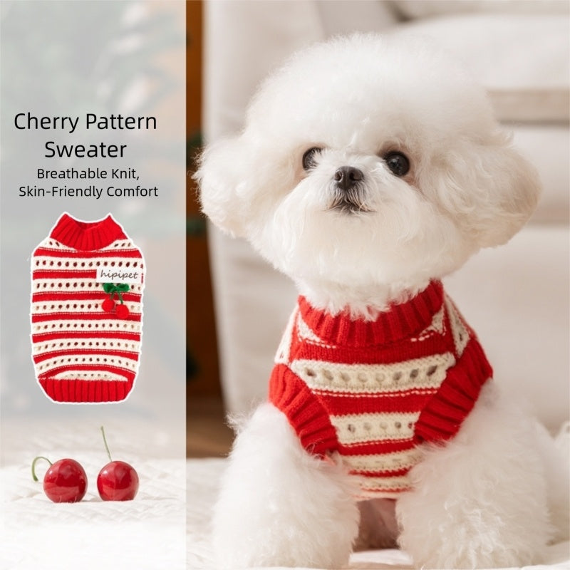 Autumn And Winter Dog Clothing, Warm, Hollowed-out Knitted Cherry Small Dog, Teddy Bichon, Cat Sweater, Pet Clothing - Majestic Pet Kingdom