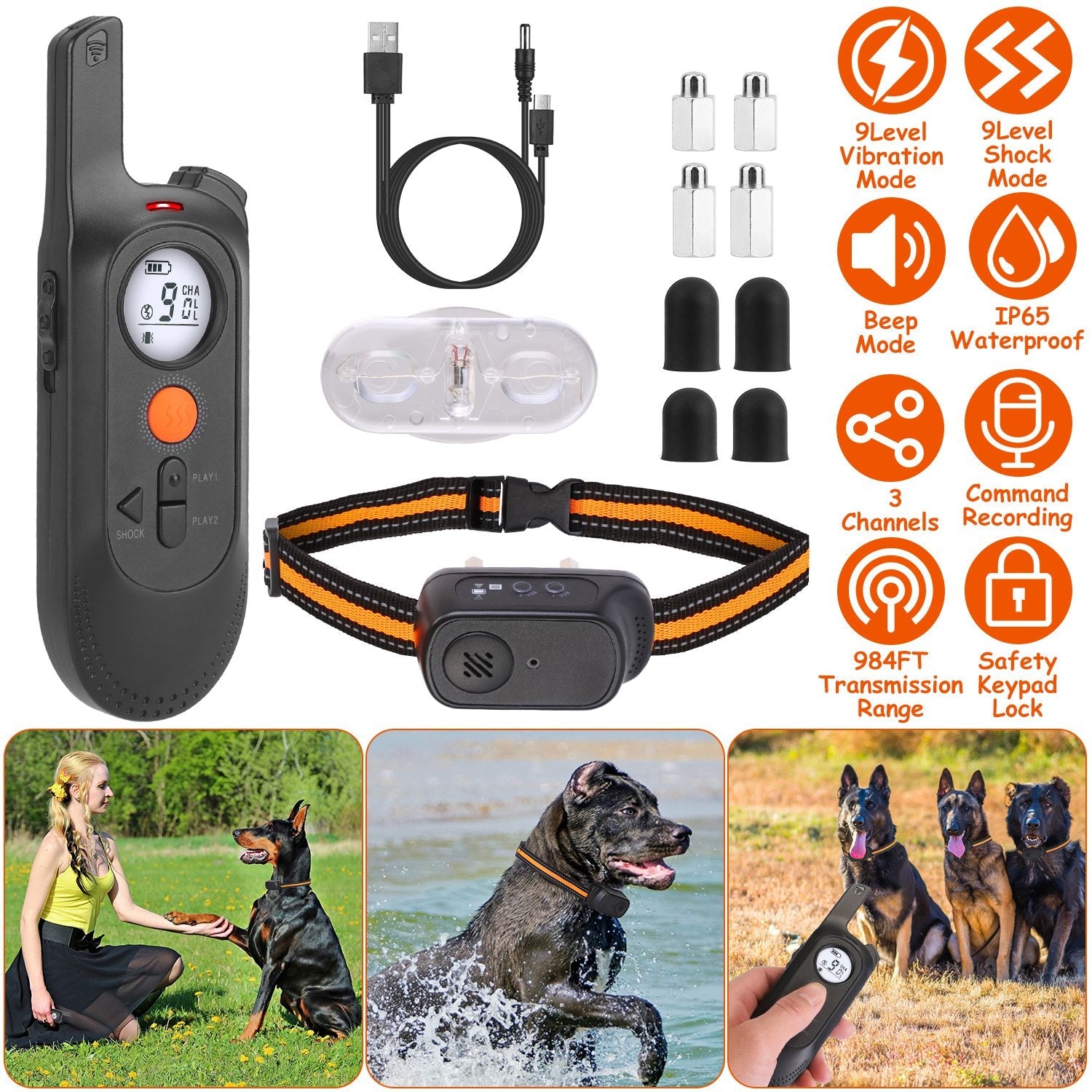 984FT Dog Training Collar IP65 Waterproof Pet Beep Vibration Electric Shock Collar 3 Channels Rechargeable Transmitter Receiver Trainer with Recording - Majestic Pet Kingdom