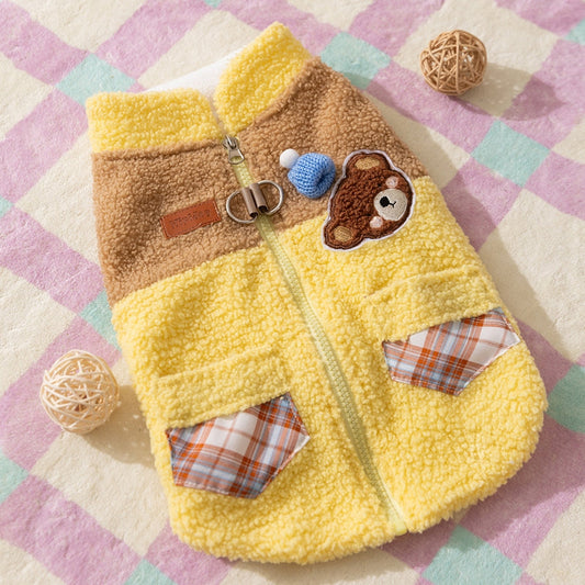 Cute Bear Embroidered Pet Fleece Jacket With Plaid Pockets, Warm Zippered Dog Coat With Leash Ring For Small Dogs - Majestic Pet Kingdom