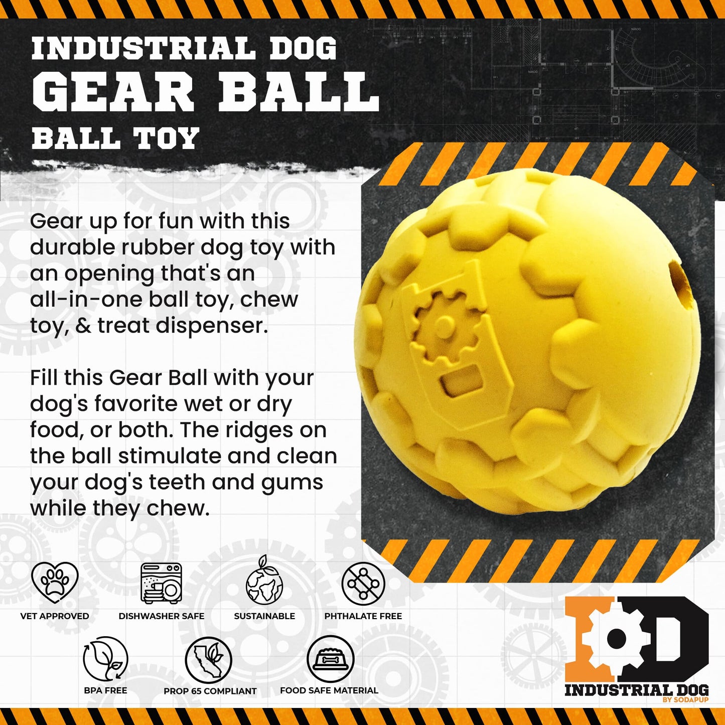 Dog Chew Toy Industrial Ball Yellow Rubber Heavy Chewer USA - Detail Angle 2 | Majestic Pet Kingdom