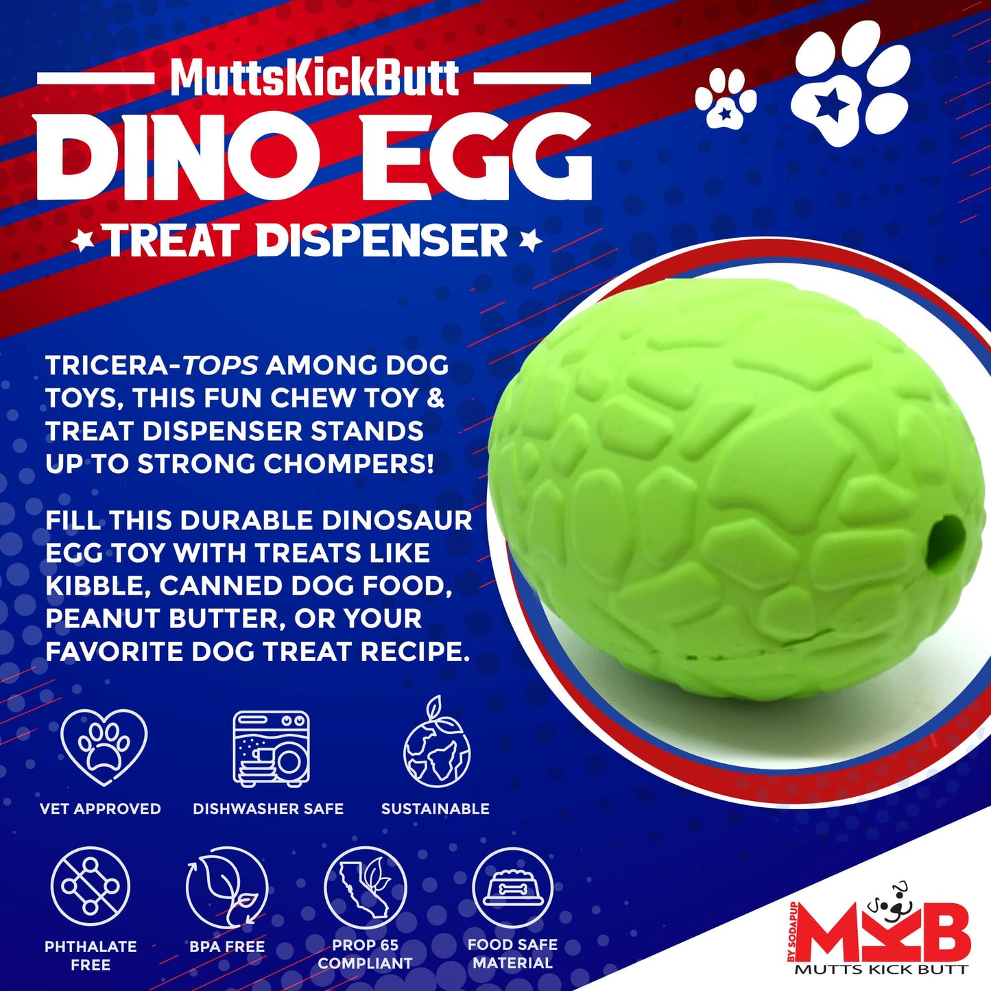 Dog Chew Toy Dinosaur Egg Durable Rubber Treat Dispenser Play - Detail Angle 2 | Majestic Pet Kingdom