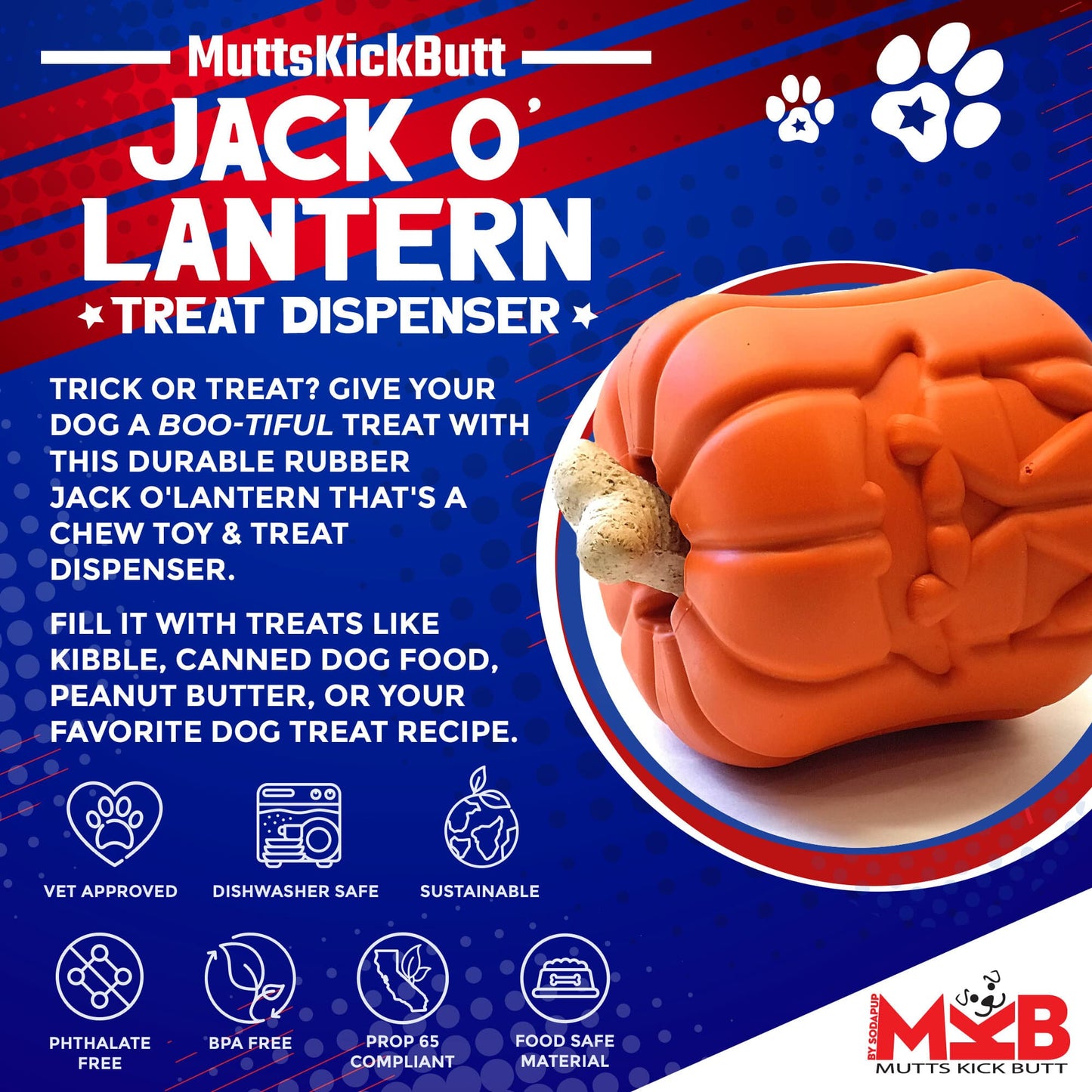 Dog Chew Toy Jack O Lantern Halloween Pumpkin Rubber Large USA - Detail Angle 2 | Majestic Pet Kingdom