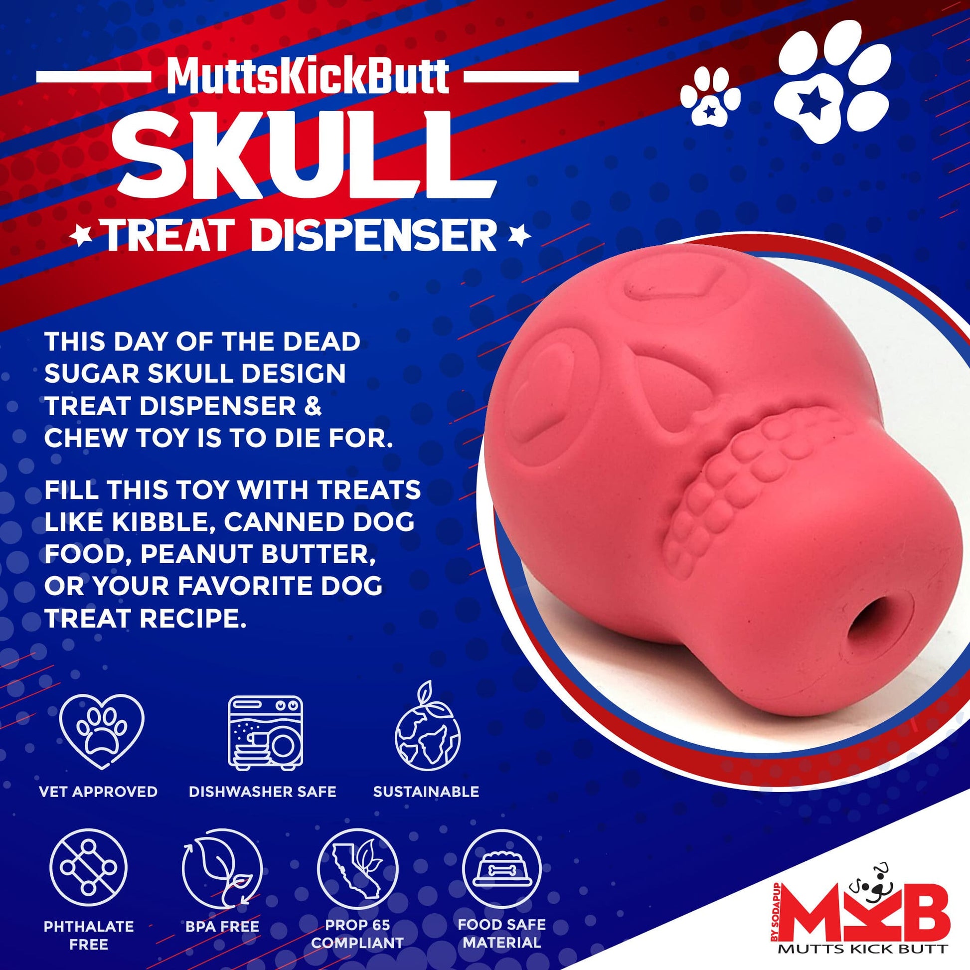 Dog Chew Toy Sugar Skull Rubber Treat Dispenser Durable USA - Detail Angle 2 | Majestic Pet Kingdom