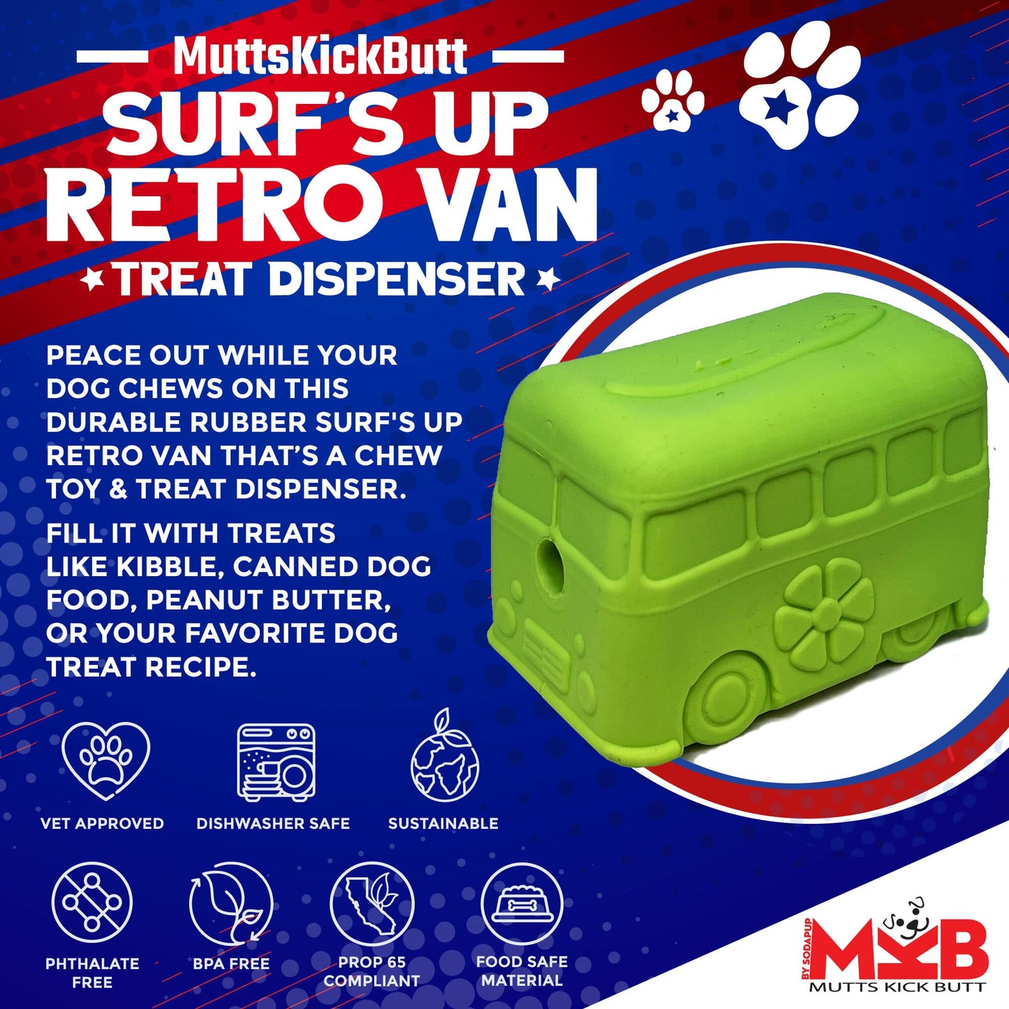 Dog Chew Toy Surfs Up Retro Van Durable Rubber Large Breed Toy - Detail Angle 3 | Majestic Pet Kingdom