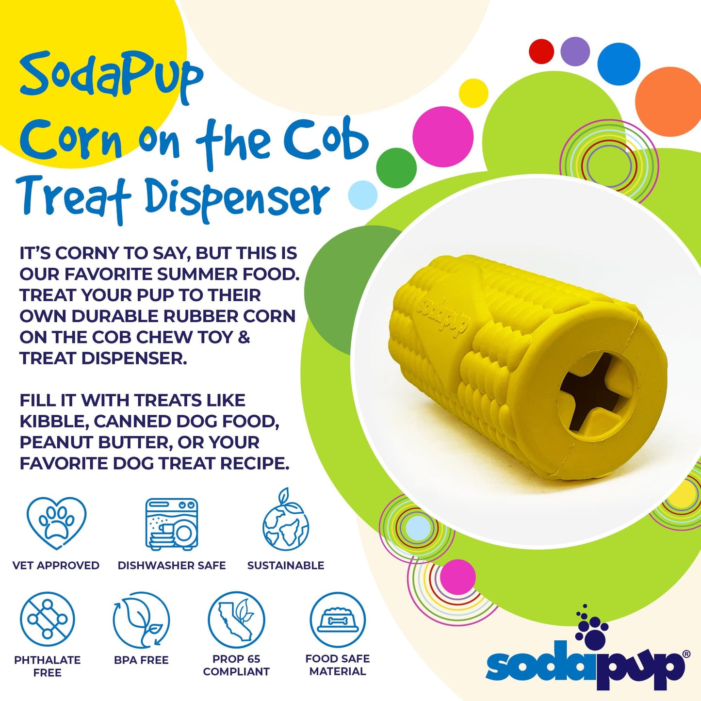 Dog Chew Toy Corn on the Cob Rubber Treat Dispenser Play Toy - Detail Angle 2 | Majestic Pet Kingdom