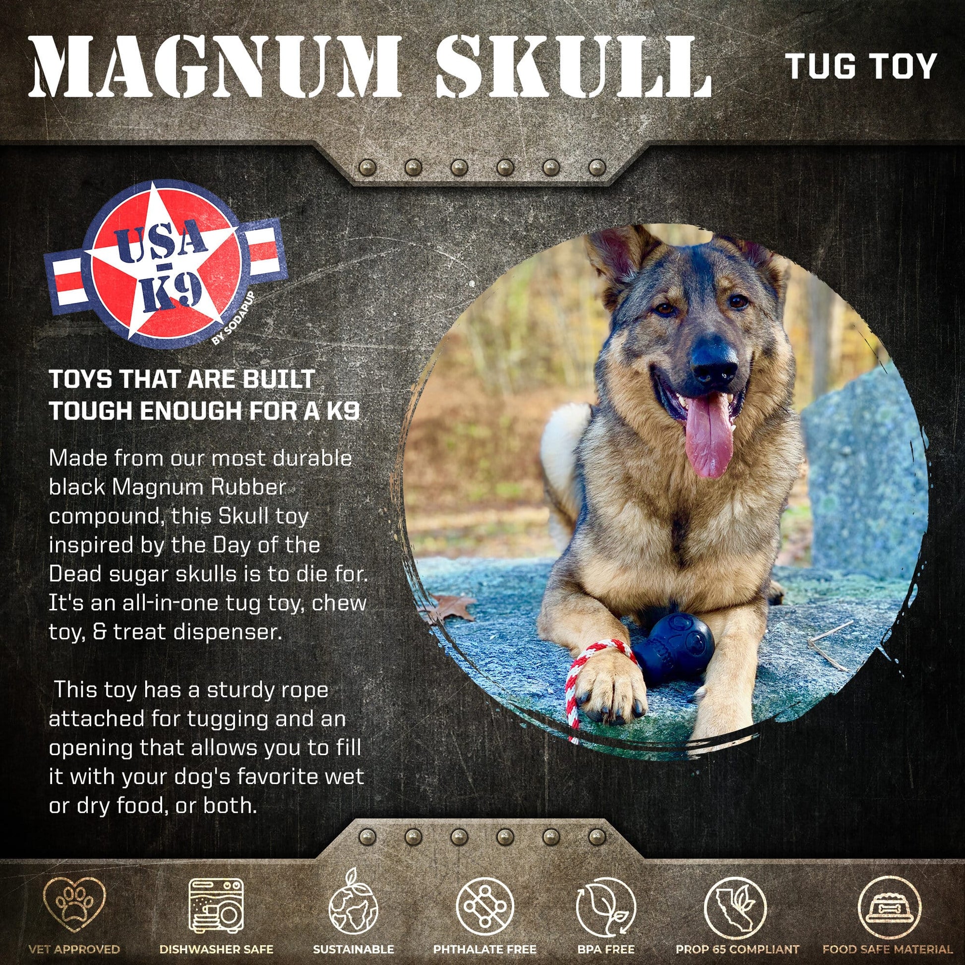 Dog Chew Toy K9 Magnum Skull Black Rubber Aggressive Chewers - Detail Angle 2 | Majestic Pet Kingdom