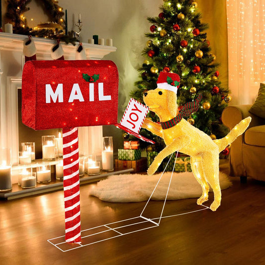 Christmas Mailbox Yard Decoration with Dog & 120 LED Lights - Main Feature View | Majestic Pet Kingdom