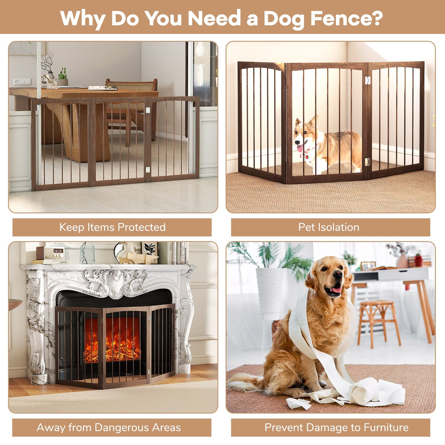 30 Inch Tall Wooden Pet Fence for Cats Small and Medium Dogs-Brown | Purrfect Pet Kingdom