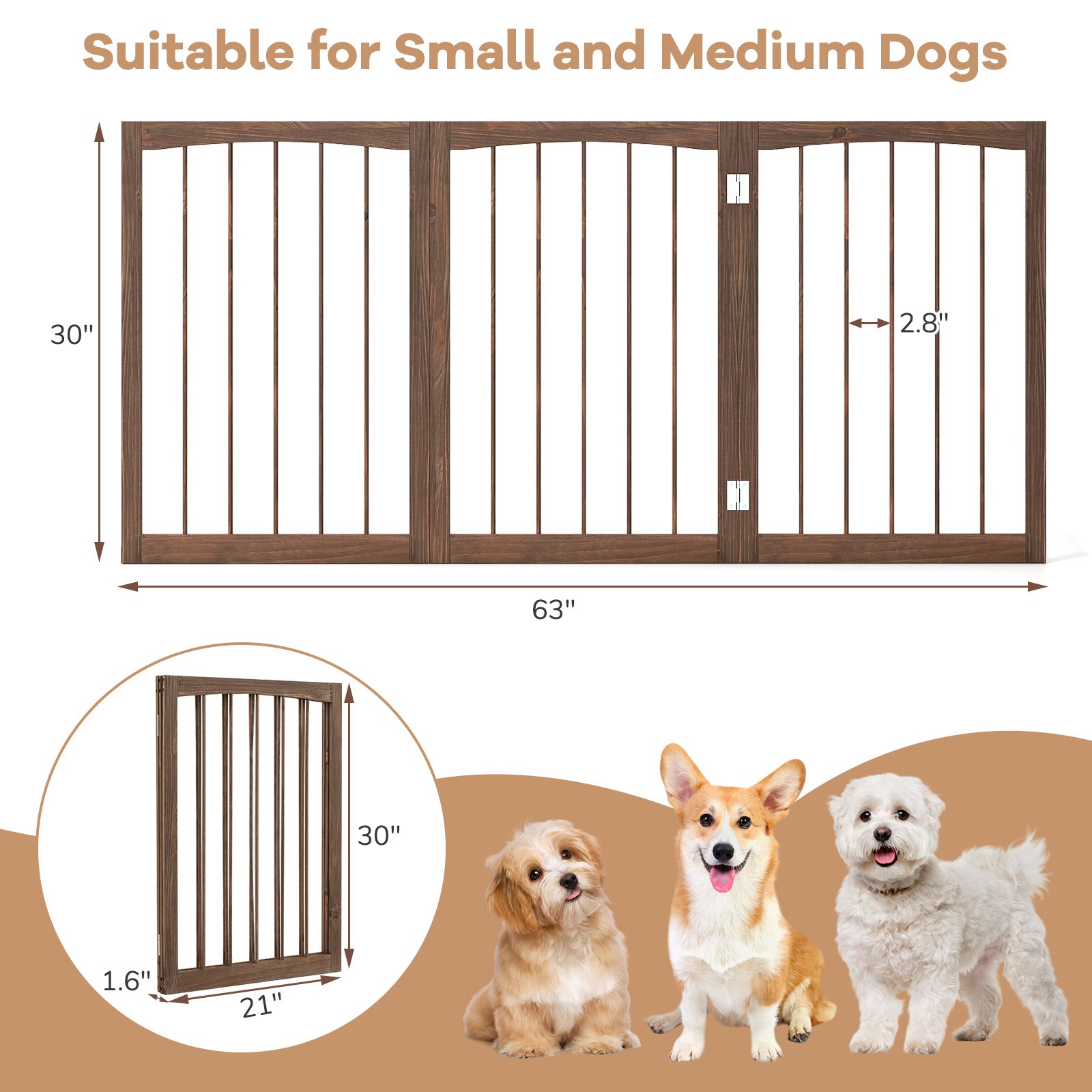 30 Inch Tall Wooden Pet Fence for Cats Small and Medium Dogs-Brown | Purrfect Pet Kingdom