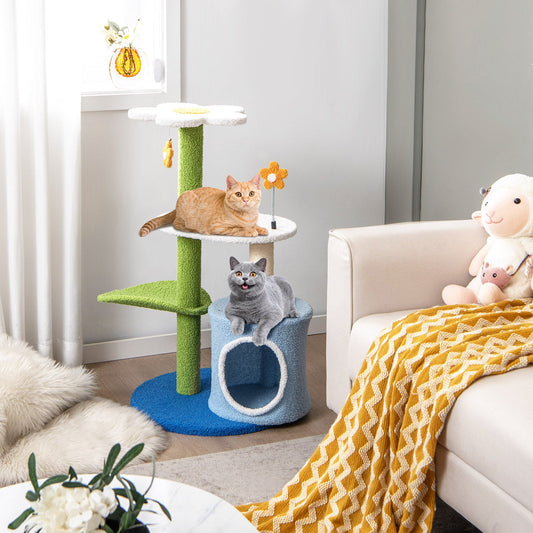 34.5 Inch 4-Tier Cute Cat Tree with Jingling Balls and Condo-Blue | Purrfect Pet Kingdom