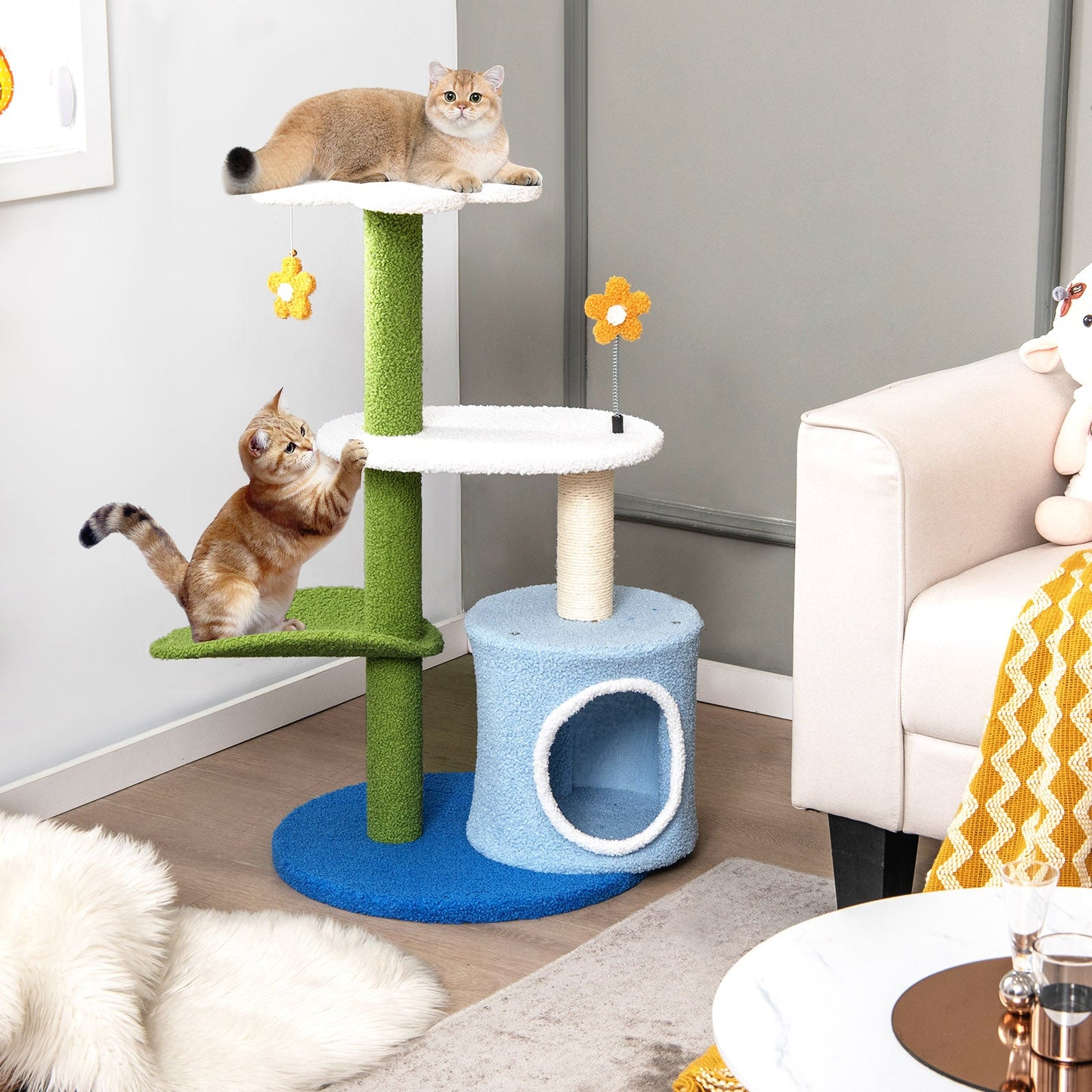 34.5 Inch 4-Tier Cute Cat Tree with Jingling Balls and Condo-Blue | Purrfect Pet Kingdom