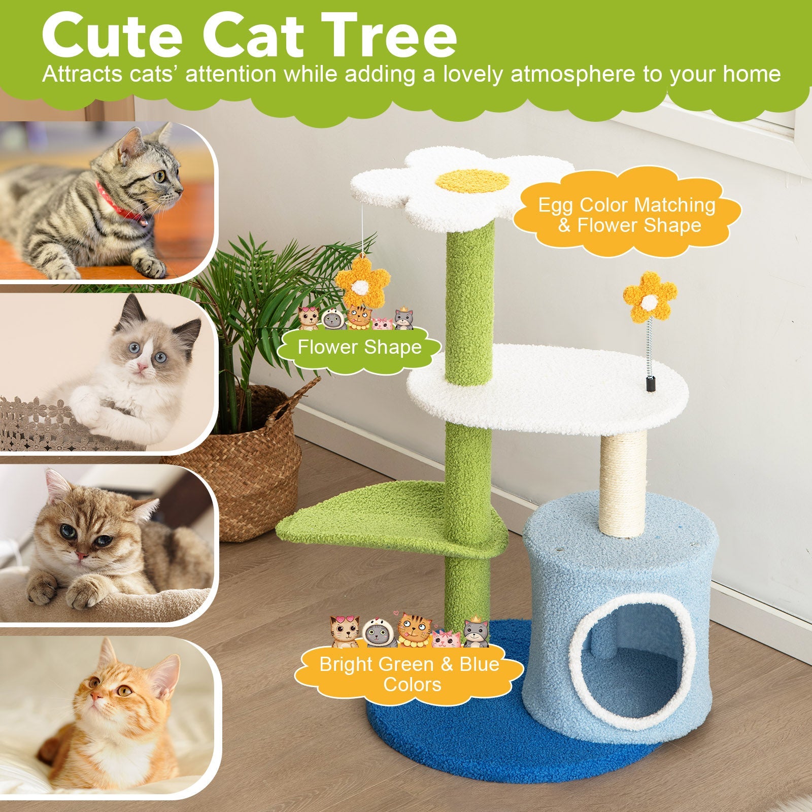 34.5 Inch 4-Tier Cute Cat Tree with Jingling Balls and Condo-Blue | Purrfect Pet Kingdom
