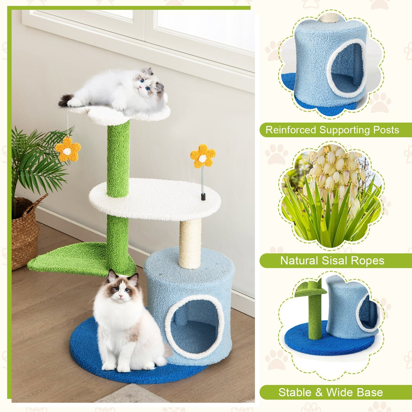 34.5 Inch 4-Tier Cute Cat Tree with Jingling Balls and Condo-Blue | Purrfect Pet Kingdom