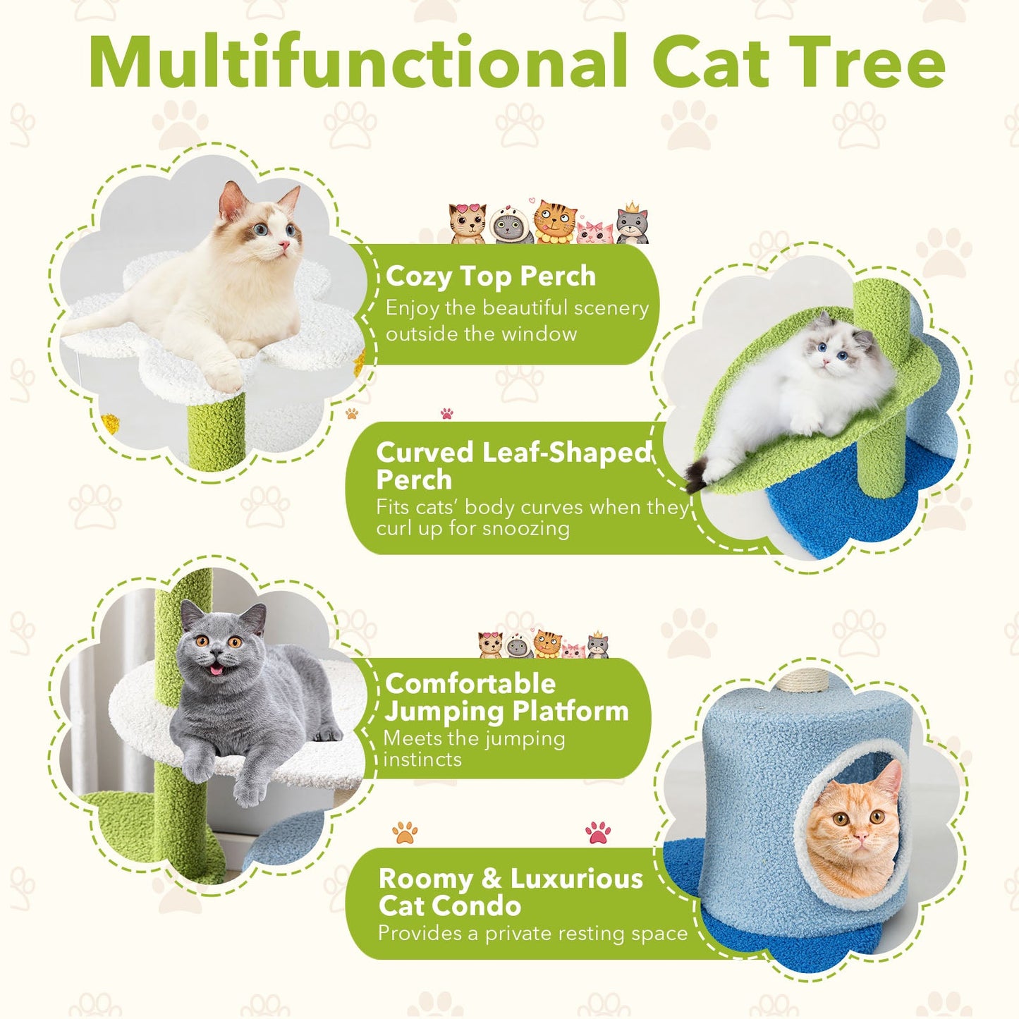 34.5 Inch 4-Tier Cute Cat Tree with Jingling Balls and Condo-Blue | Purrfect Pet Kingdom
