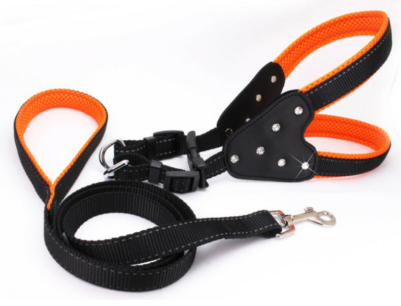 Comfortable Mesh Fabric Shiny Rhinestone Pet Hand Holding Rope Reflective Dog Breast Strap Vest Style
