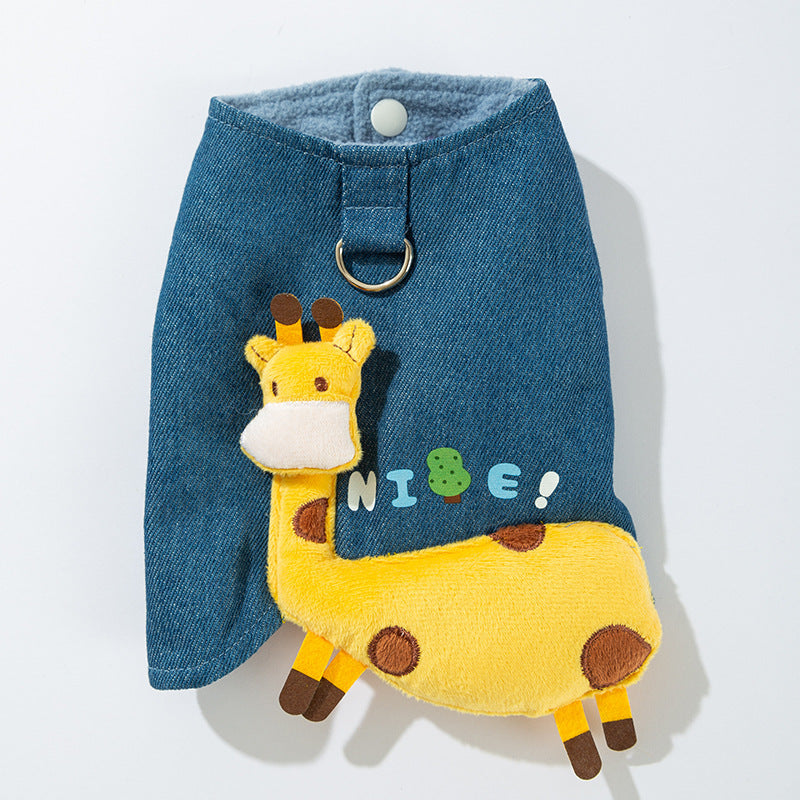 3D Deer Denim Pet Vest, Warm Fleece Lined Pullover For Small Dogs Cats, Winter Costume With Leash Hoo - Majestic Pet Kingdom
