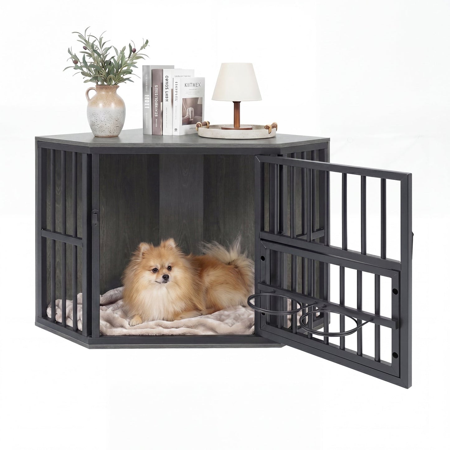 Wooden Dog Crate End Table with Adjustable Bowl Rack 35.5" | Purrfect Pet Kingdom