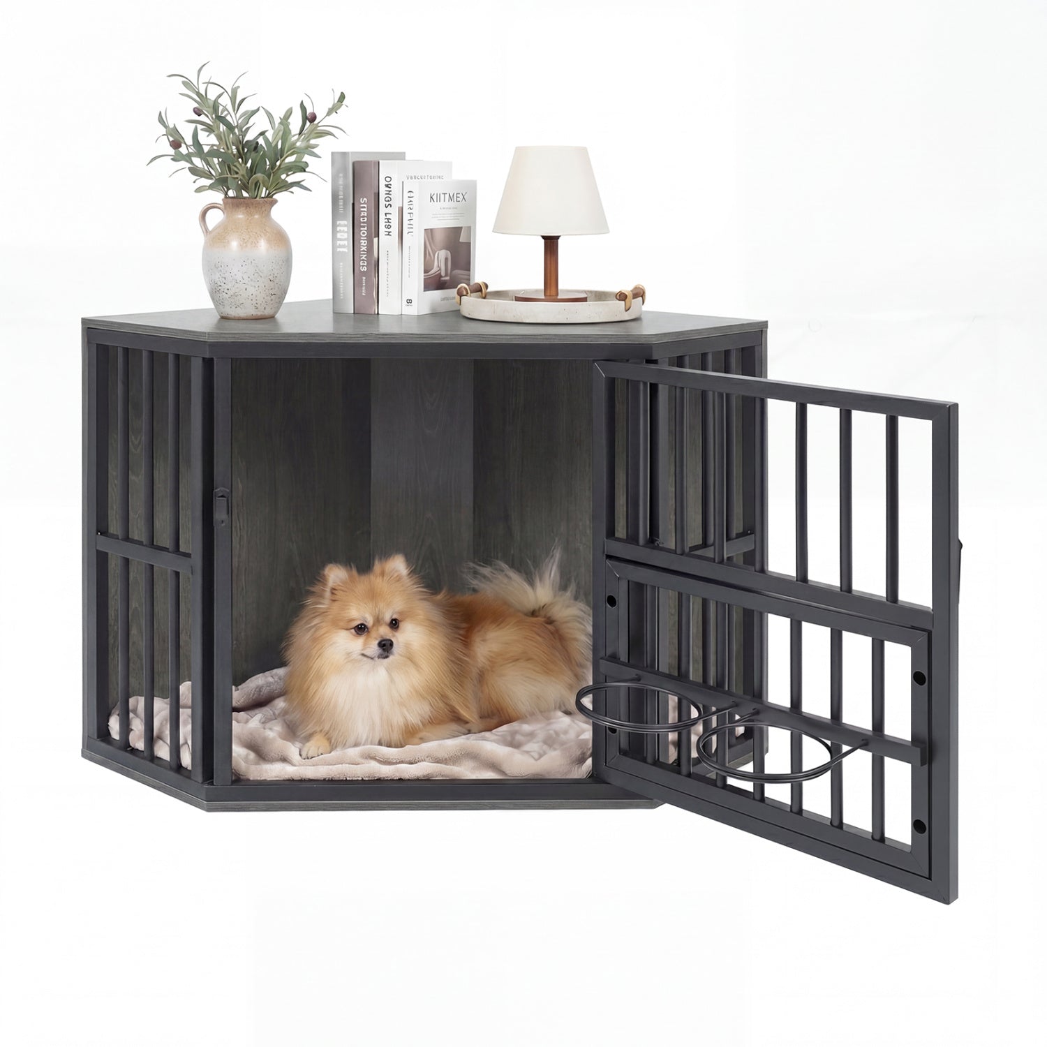 Wooden Dog Crate End Table with Adjustable Bowl Rack 35.5" | Purrfect Pet Kingdom