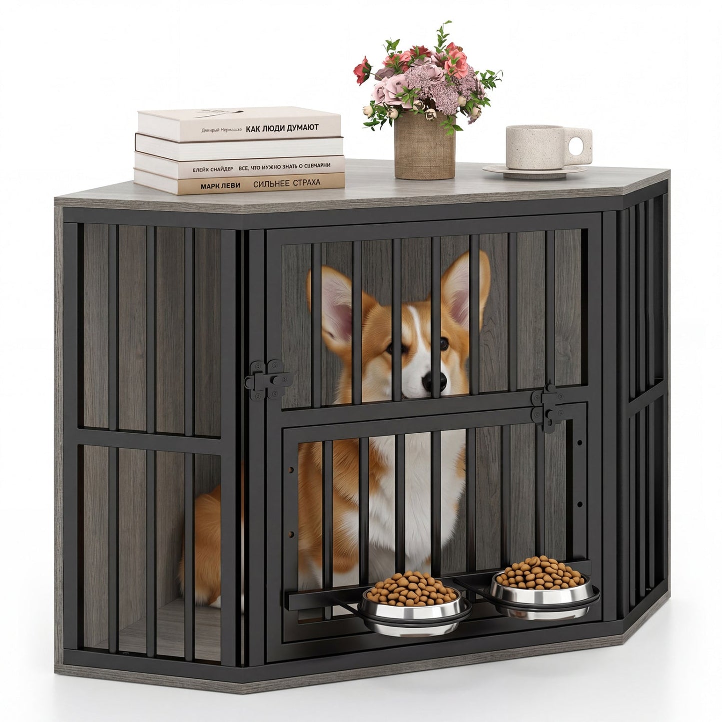 Wooden Dog Crate End Table with Adjustable Bowl Rack 35.5" | Purrfect Pet Kingdom