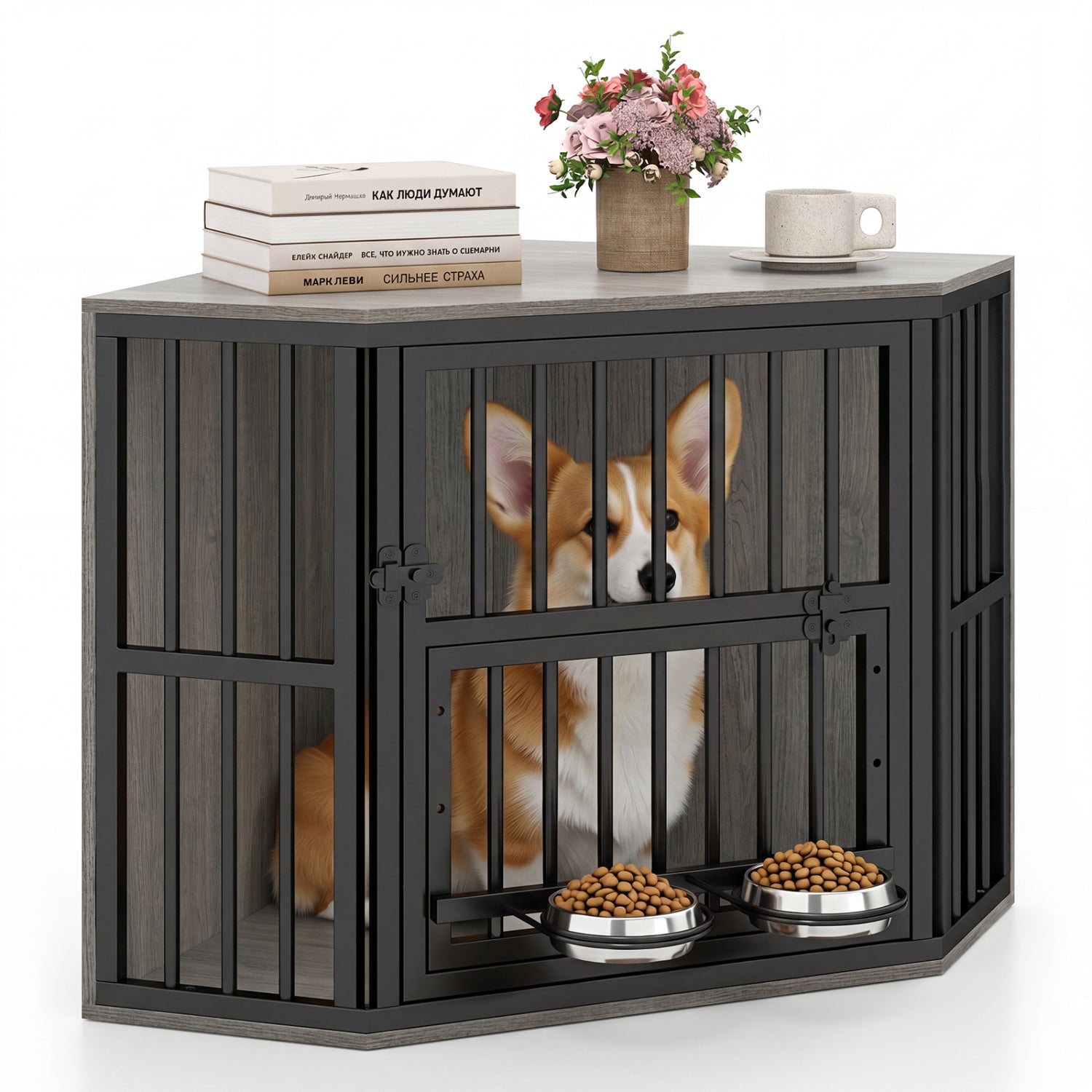 Wooden Dog Crate End Table with Adjustable Bowl Rack 35.5" | Purrfect Pet Kingdom