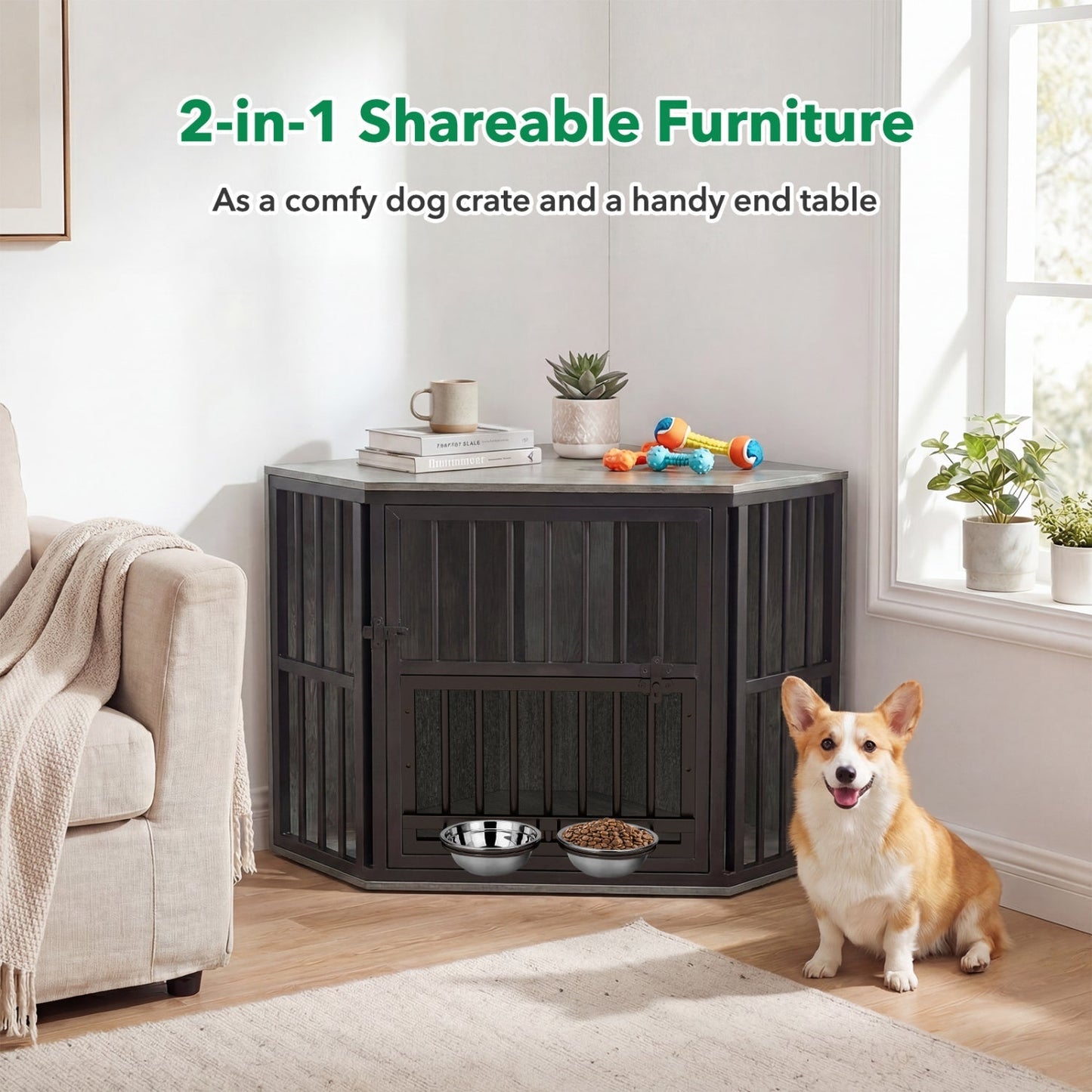 Wooden Dog Crate End Table with Adjustable Bowl Rack 35.5" | Purrfect Pet Kingdom