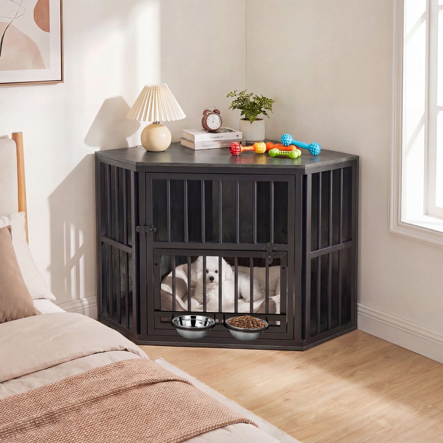 Wooden Dog Crate End Table with Adjustable Bowl Rack 35.5"