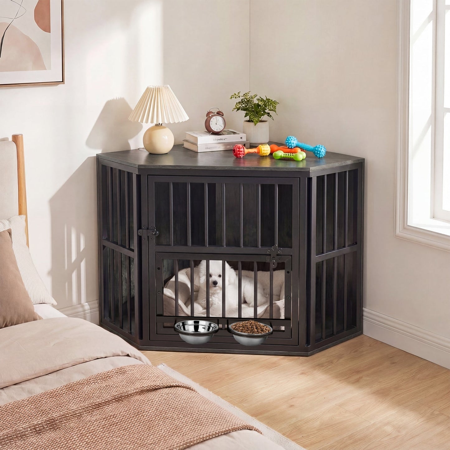 Wooden Dog Crate End Table with Adjustable Bowl Rack 35.5" | Purrfect Pet Kingdom