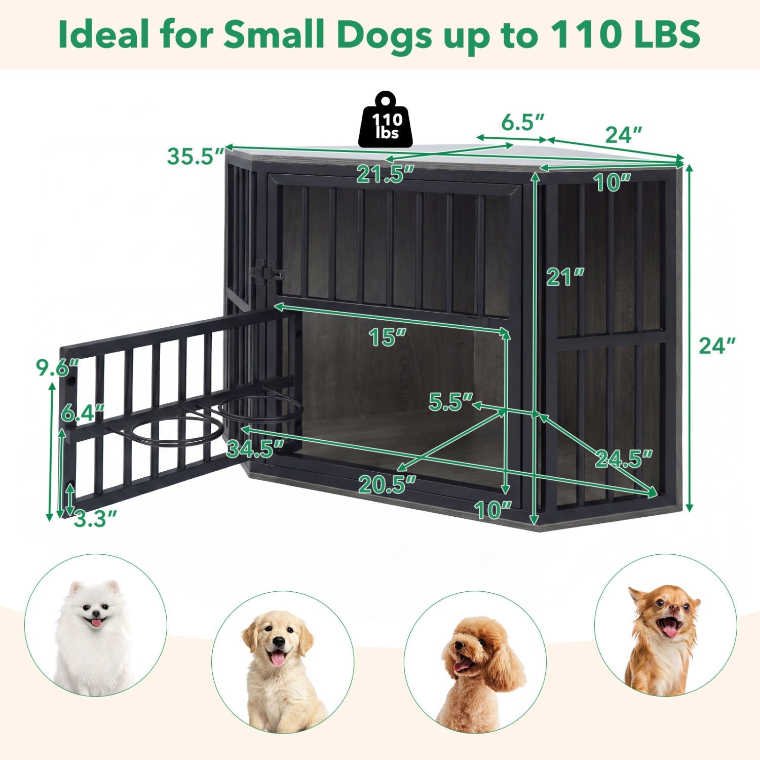 Wooden Dog Crate End Table with Adjustable Bowl Rack 35.5" | Purrfect Pet Kingdom