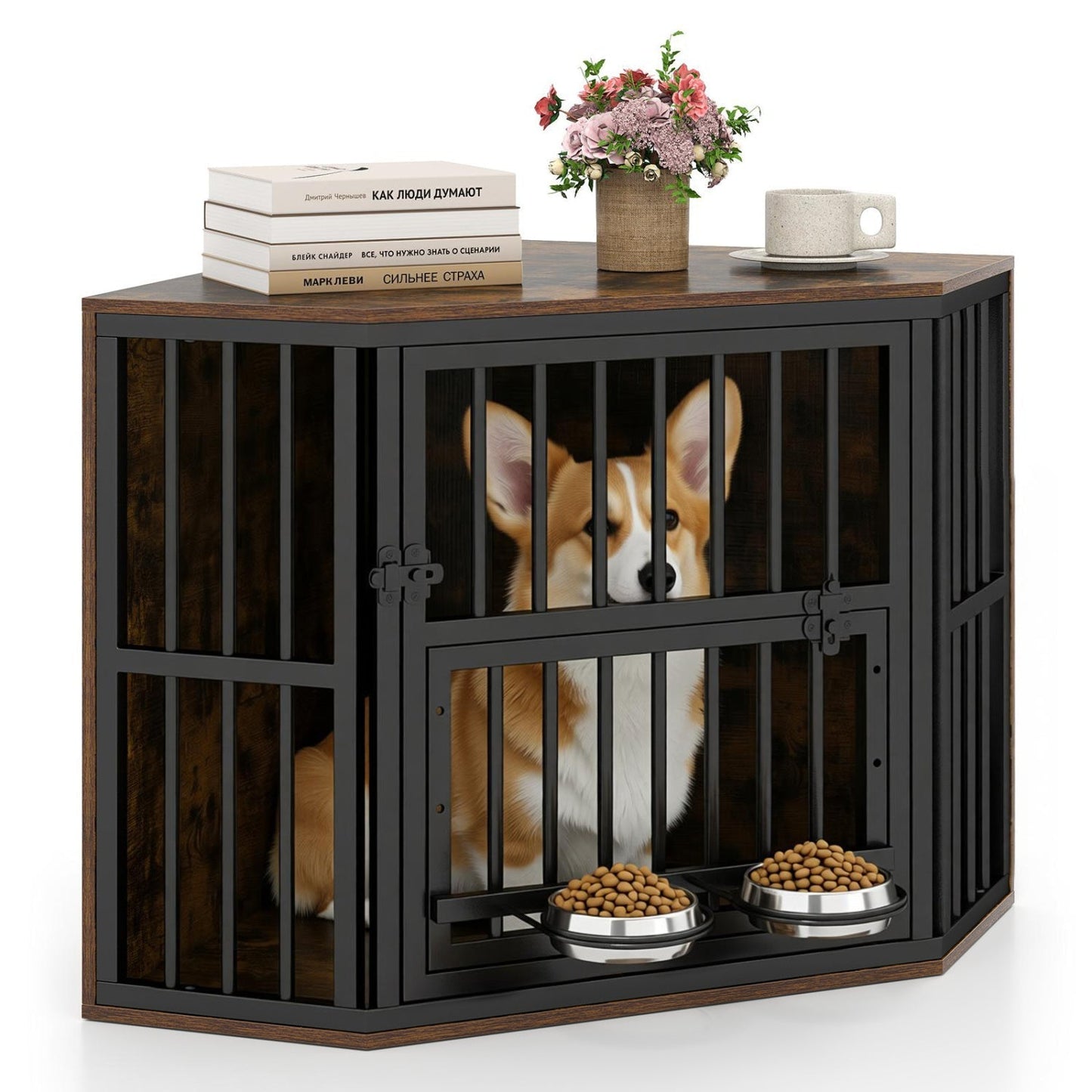 Wooden Dog Crate End Table with Adjustable Bowl Rack 35.5" | Purrfect Pet Kingdom