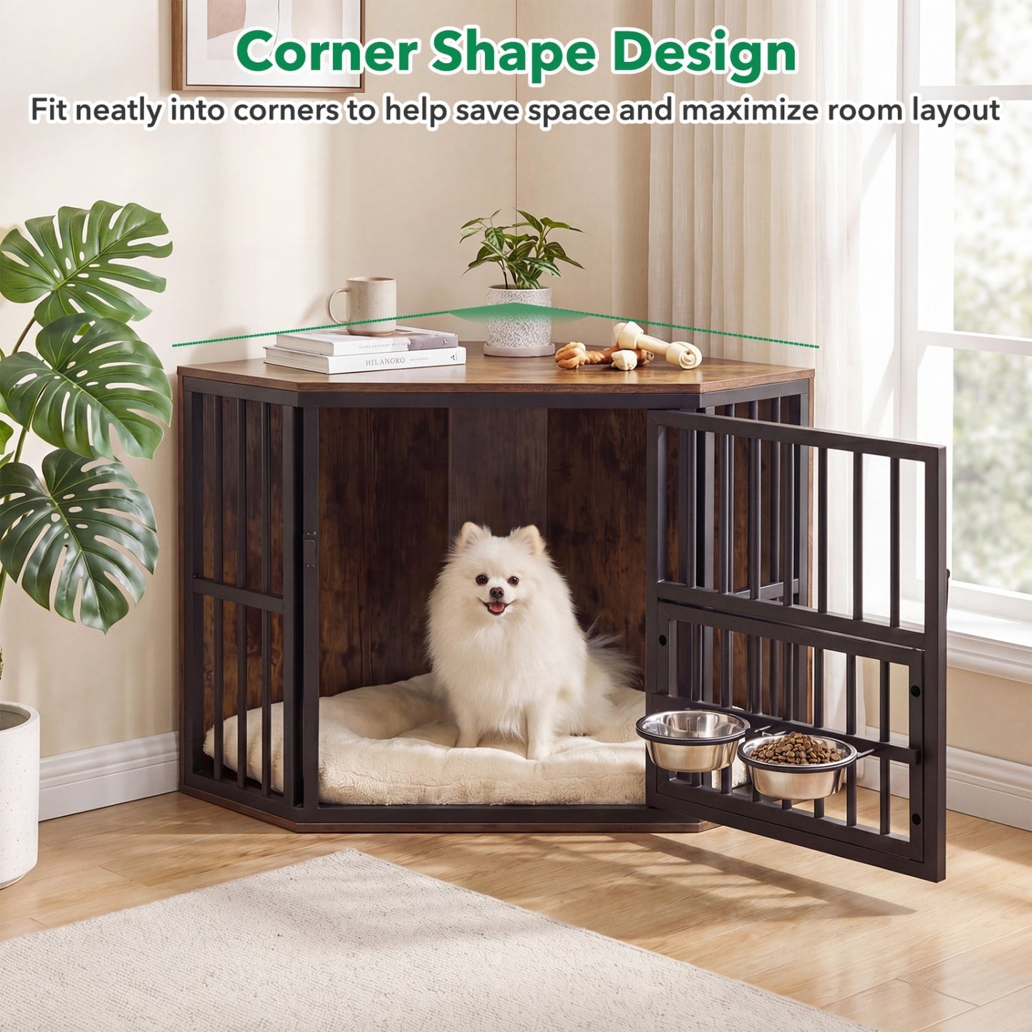 Wooden Dog Crate End Table with Adjustable Bowl Rack 35.5" | Purrfect Pet Kingdom