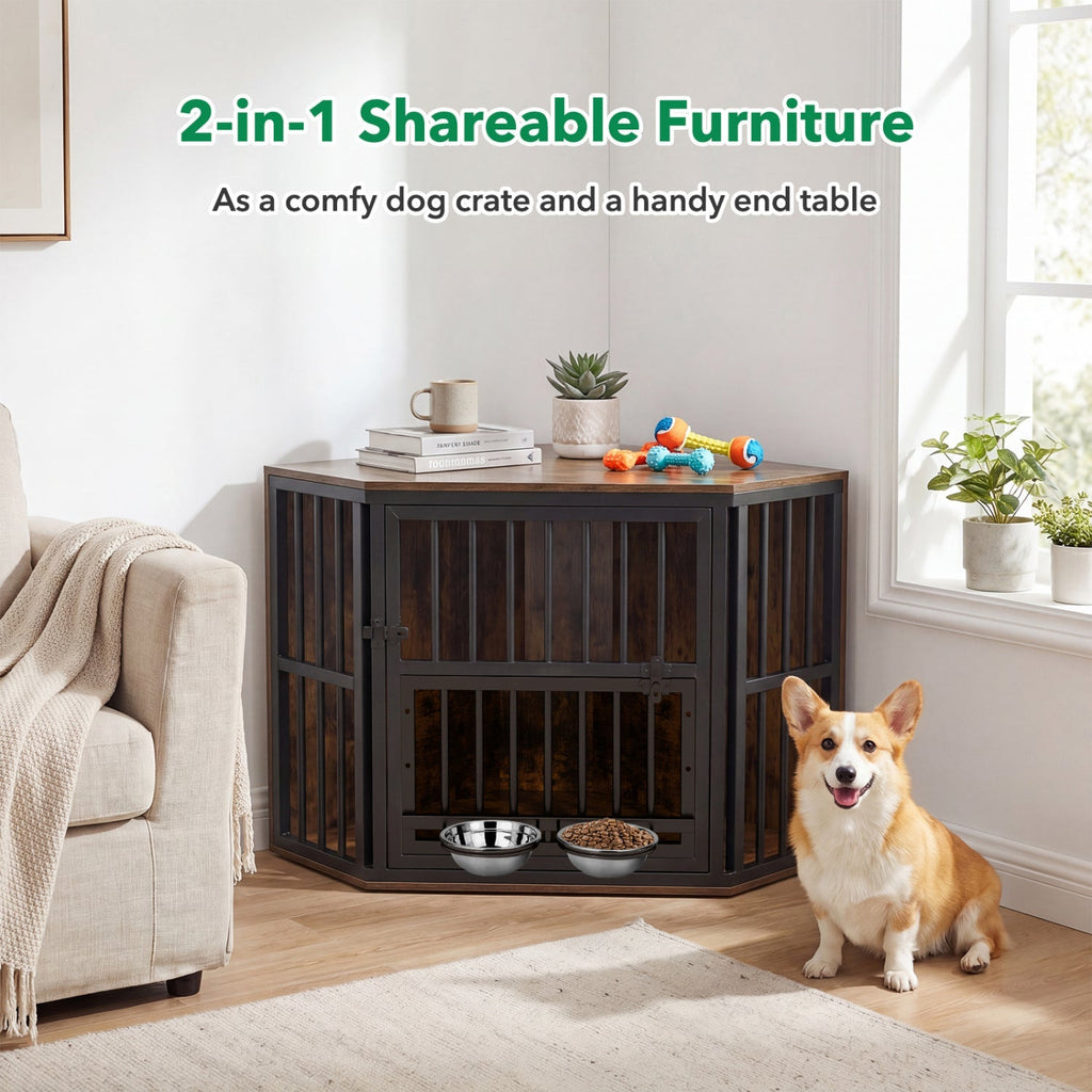 Wooden Dog Crate End Table with Adjustable Bowl Rack 35.5"