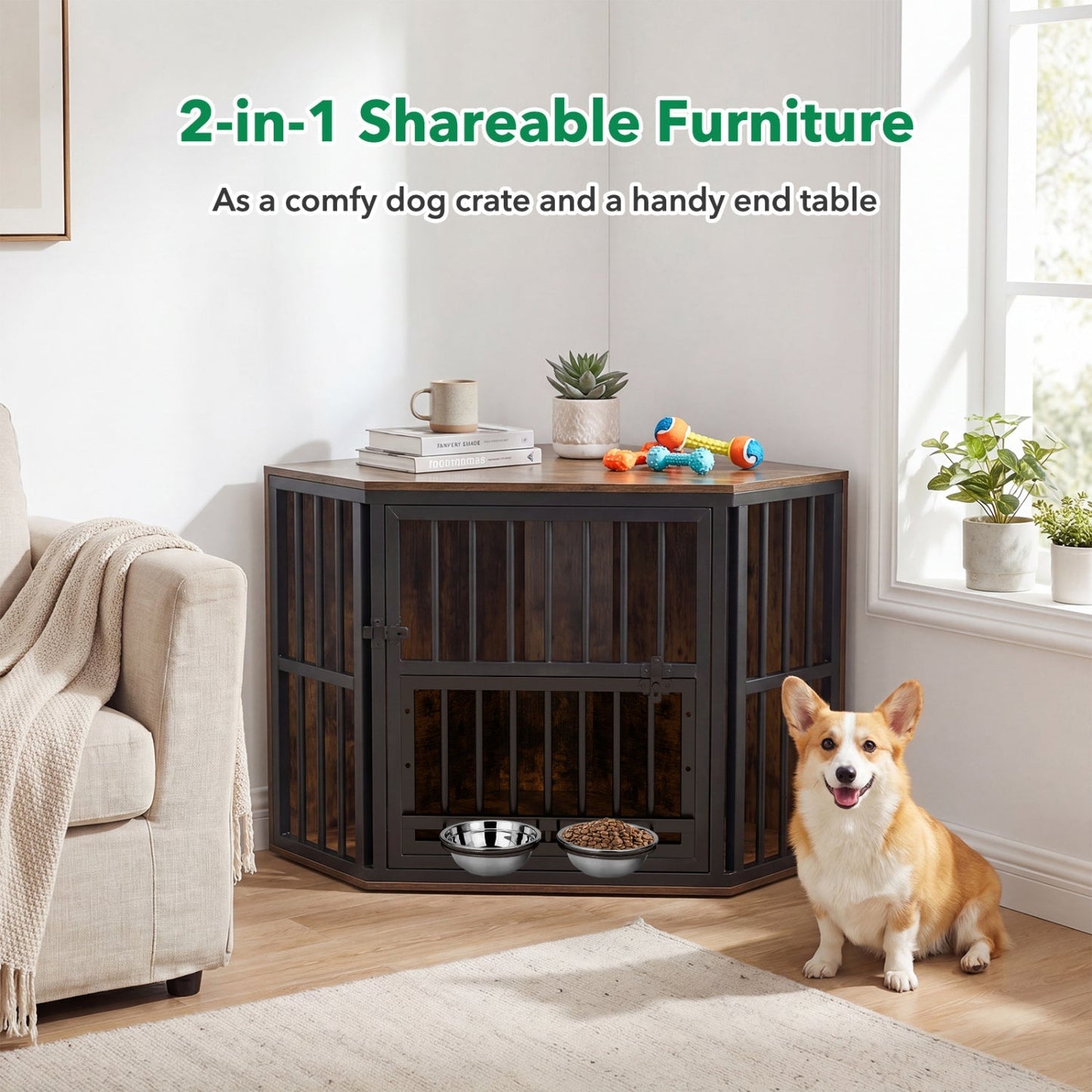 Wooden Dog Crate End Table with Adjustable Bowl Rack 35.5" | Purrfect Pet Kingdom