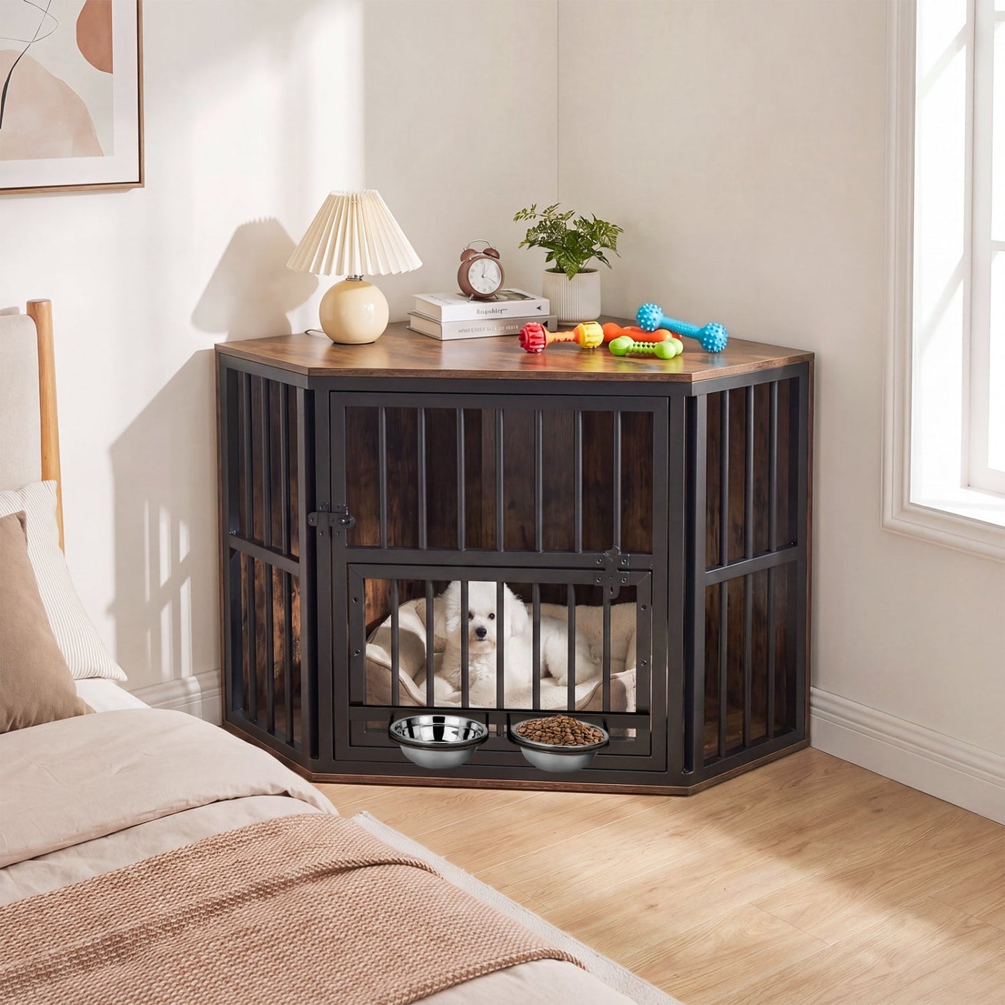 Wooden Dog Crate End Table with Adjustable Bowl Rack 35.5" | Purrfect Pet Kingdom