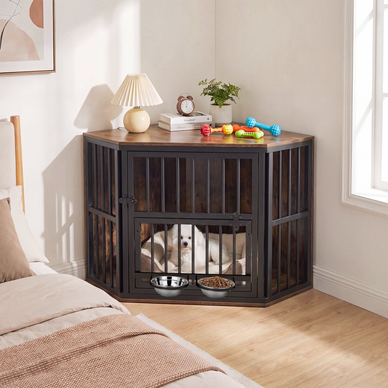 Wooden Dog Crate End Table with Adjustable Bowl Rack 35.5"