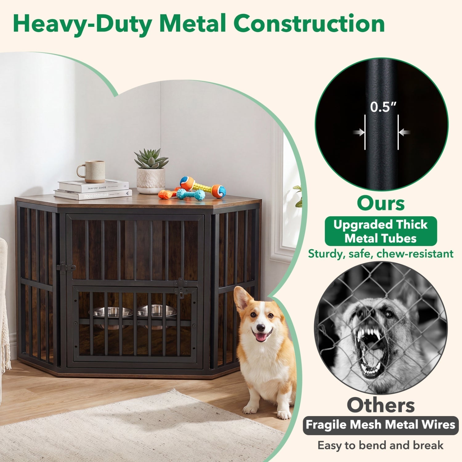 Wooden Dog Crate End Table with Adjustable Bowl Rack 35.5"