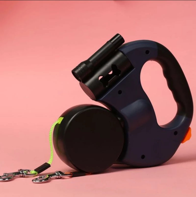 Dual Retractable Dog Leash with LED Light & Bag Holder