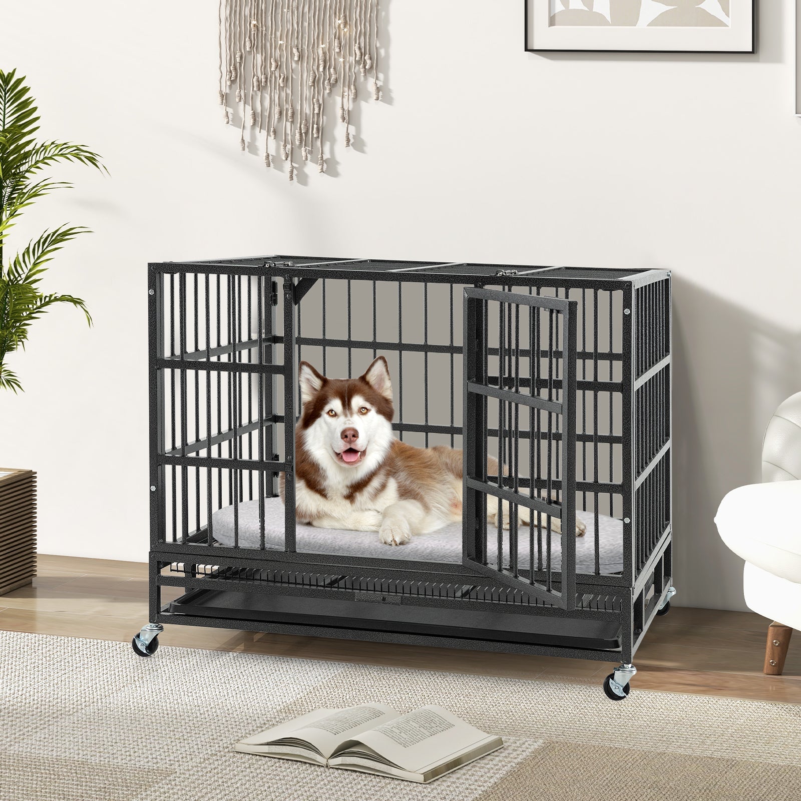 48 Inch Foldable Heavy-Duty Metal Dog Cage with Lockable Rolling Casters and Tray - Majestic Pet Kingdom