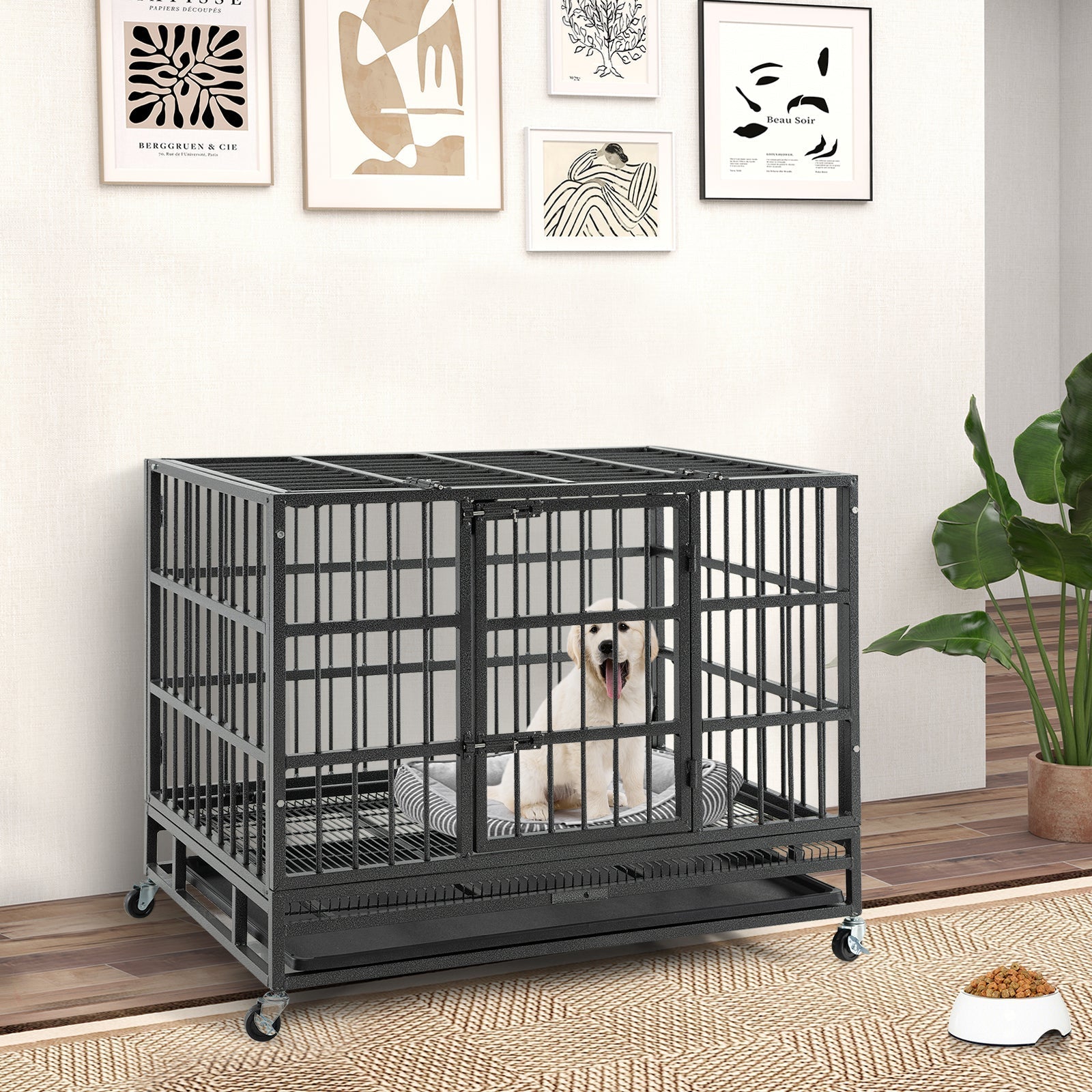 48 Inch Foldable Heavy-Duty Metal Dog Cage with Lockable Rolling Casters and Tray - Majestic Pet Kingdom