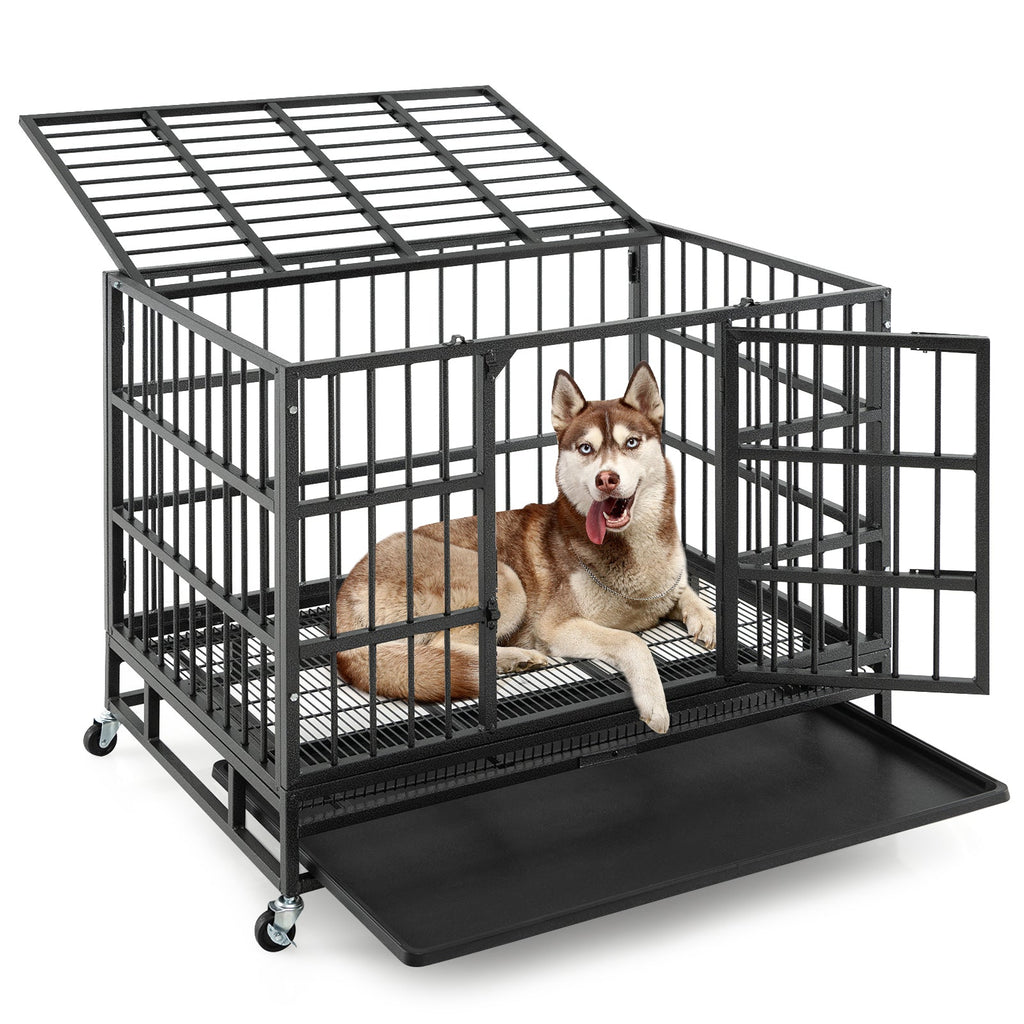 48 Inch Foldable Heavy-Duty Metal Dog Cage with Lockable Rolling Casters and Tray - Majestic Pet Kingdom