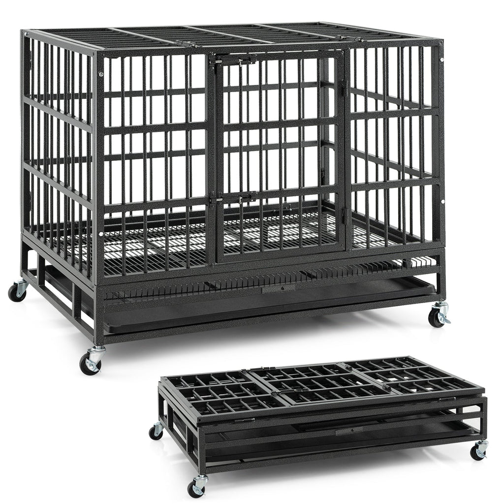 48 Inch Foldable Heavy-Duty Metal Dog Cage with Lockable Rolling Casters and Tray - Majestic Pet Kingdom