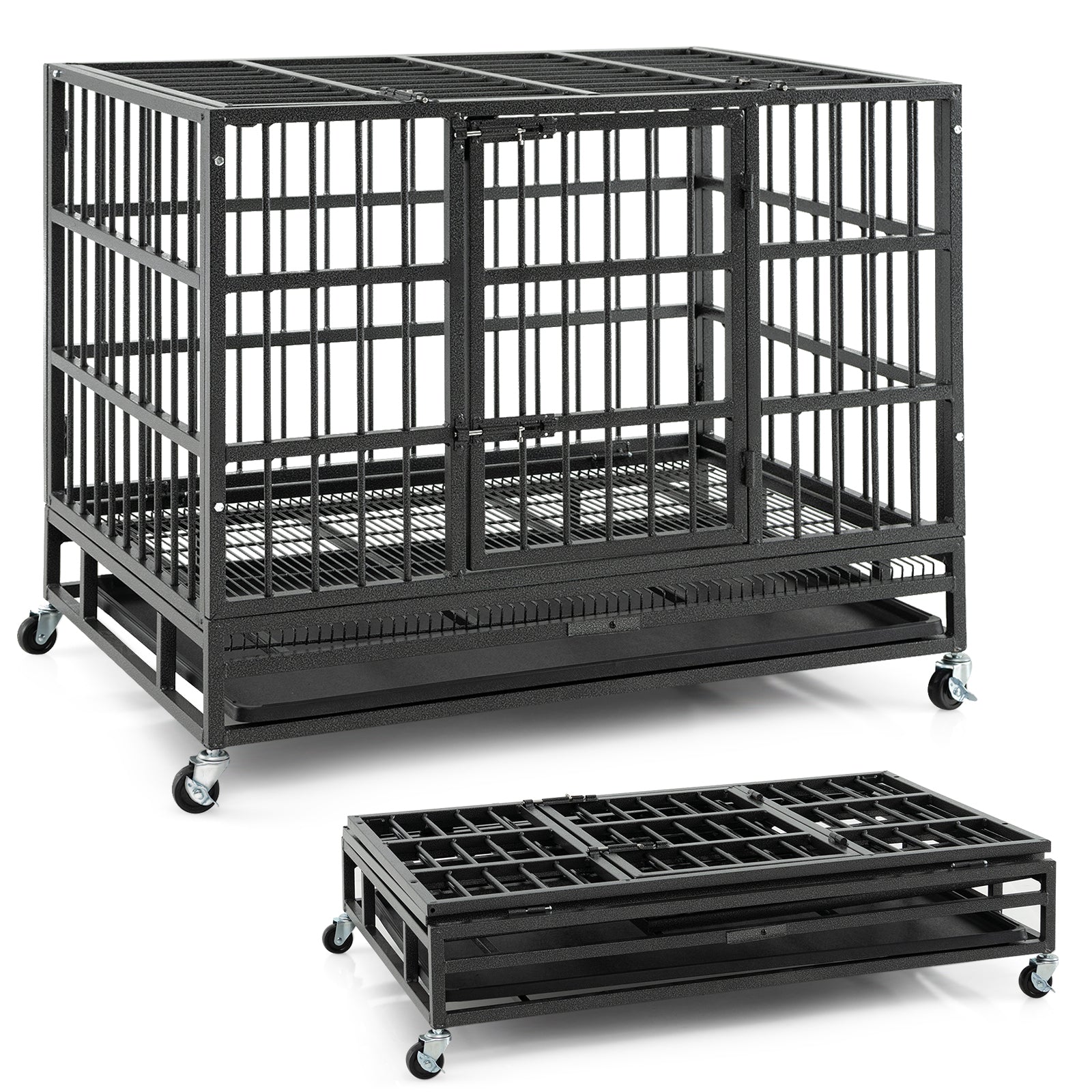 48 Inch Foldable Heavy-Duty Metal Dog Cage with Lockable Rolling Casters and Tray - Majestic Pet Kingdom