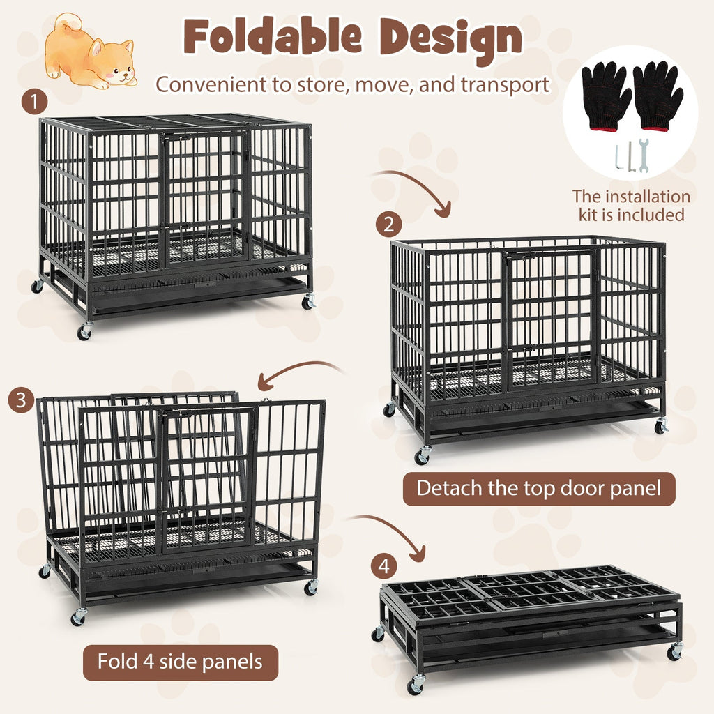 48 Inch Foldable Heavy-Duty Metal Dog Cage with Lockable Rolling Casters and Tray - Majestic Pet Kingdom